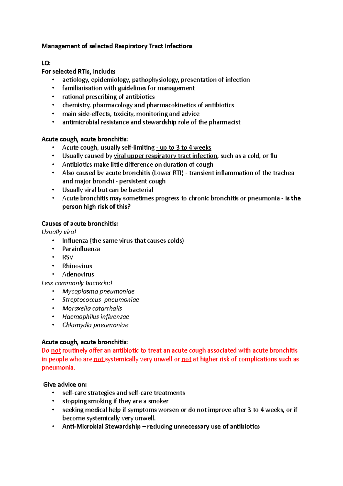Acute cough + acute bronchitis Management of selected Respiratory