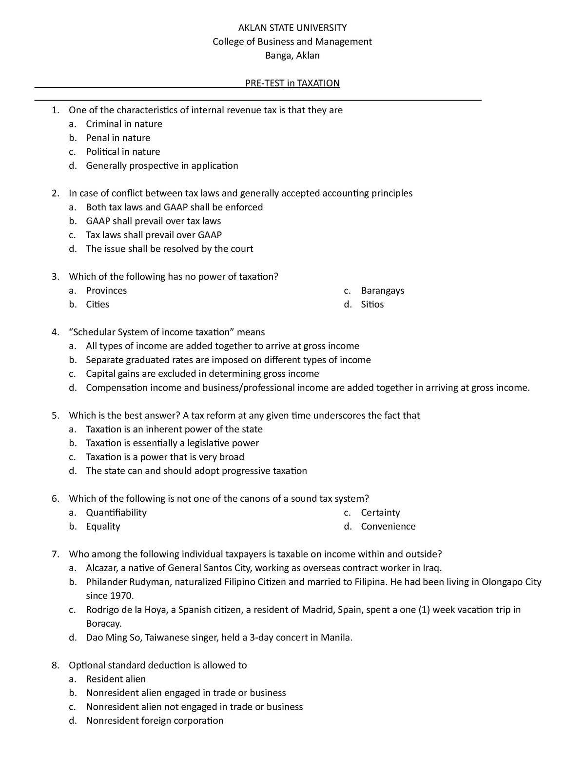 Pre-Test - Nznzn - AKLAN STATE UNIVERSITY College of Business and ...