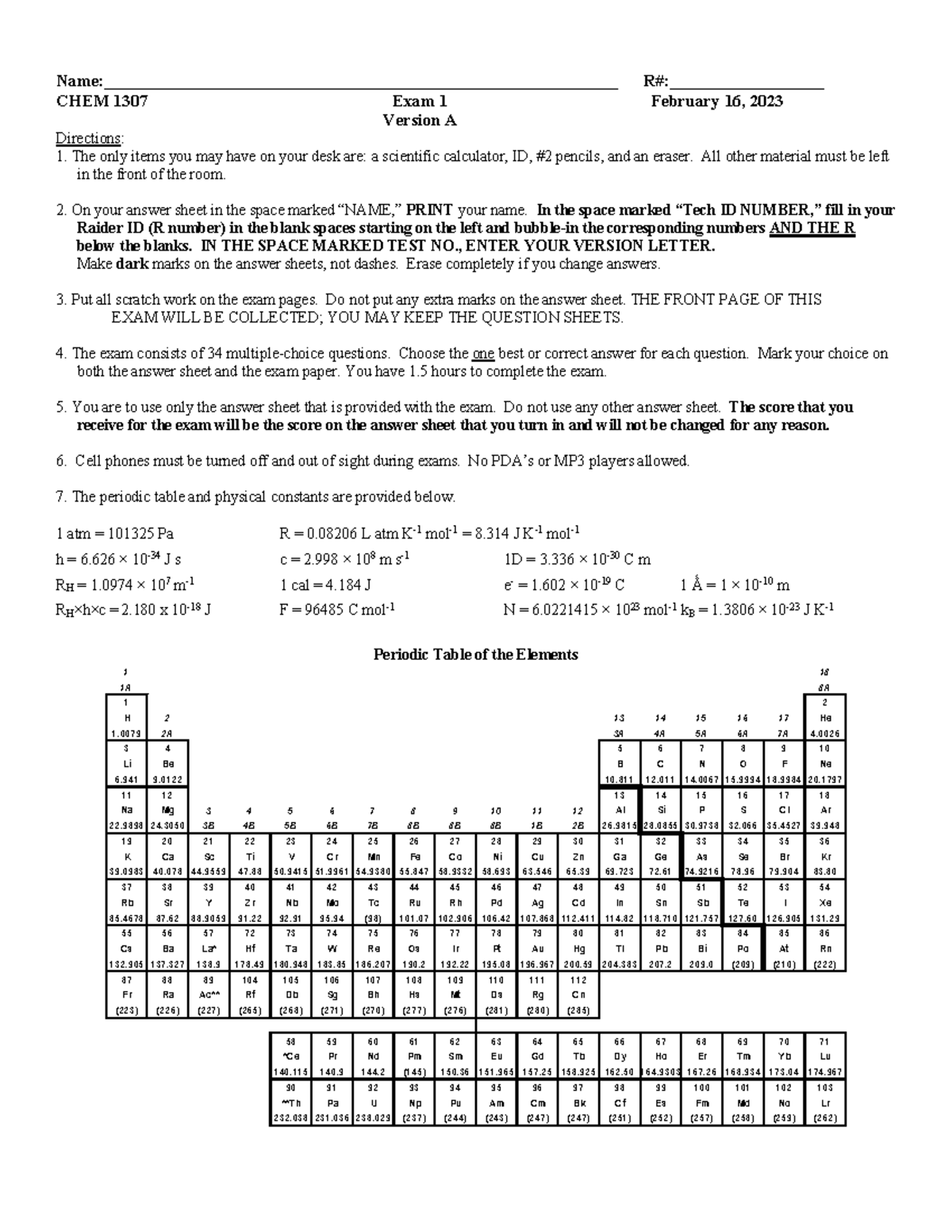 Chem1307S23Exam1Version A (002) - Name