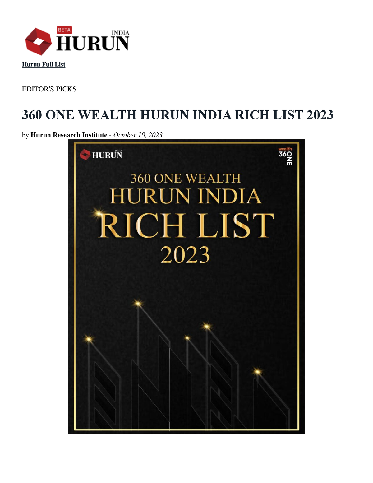 360 ONE Wealth Hurun India RICH LIST 2023 - 11 Oct 2023 - Hurun Full ...