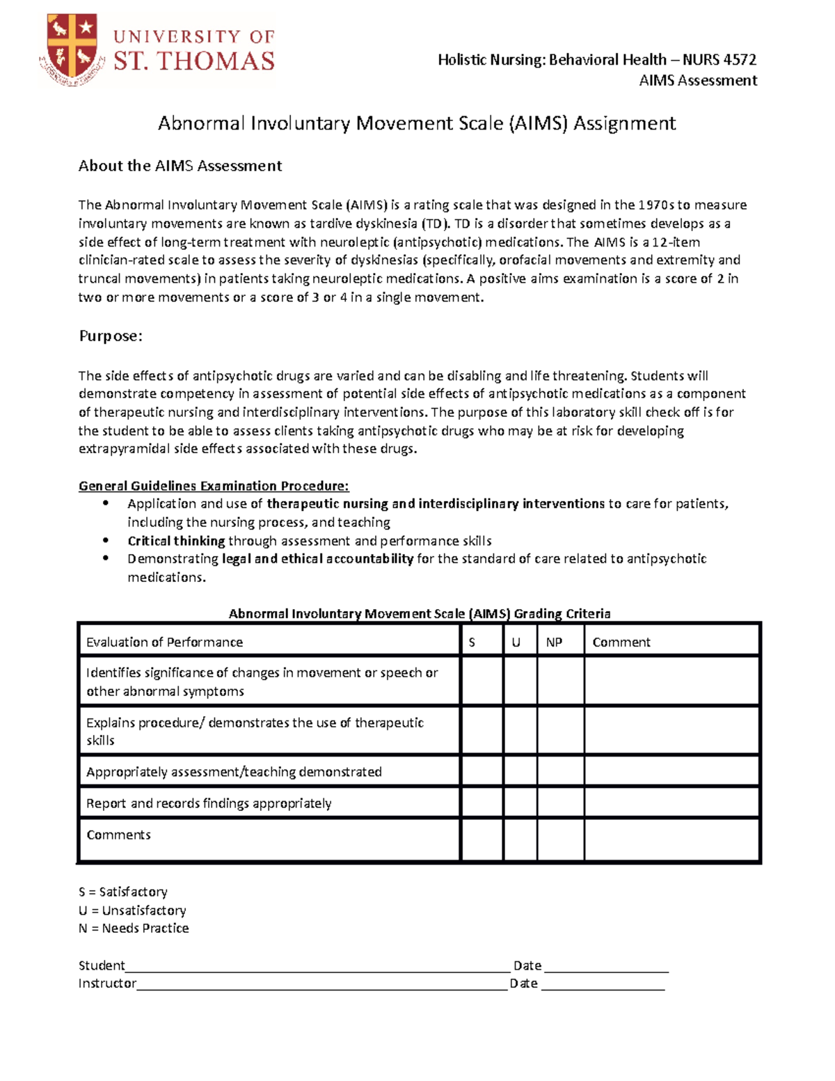 AIMS Assessment Form - NURS 4572(1) - Holistic Nursing: Behavioral ...