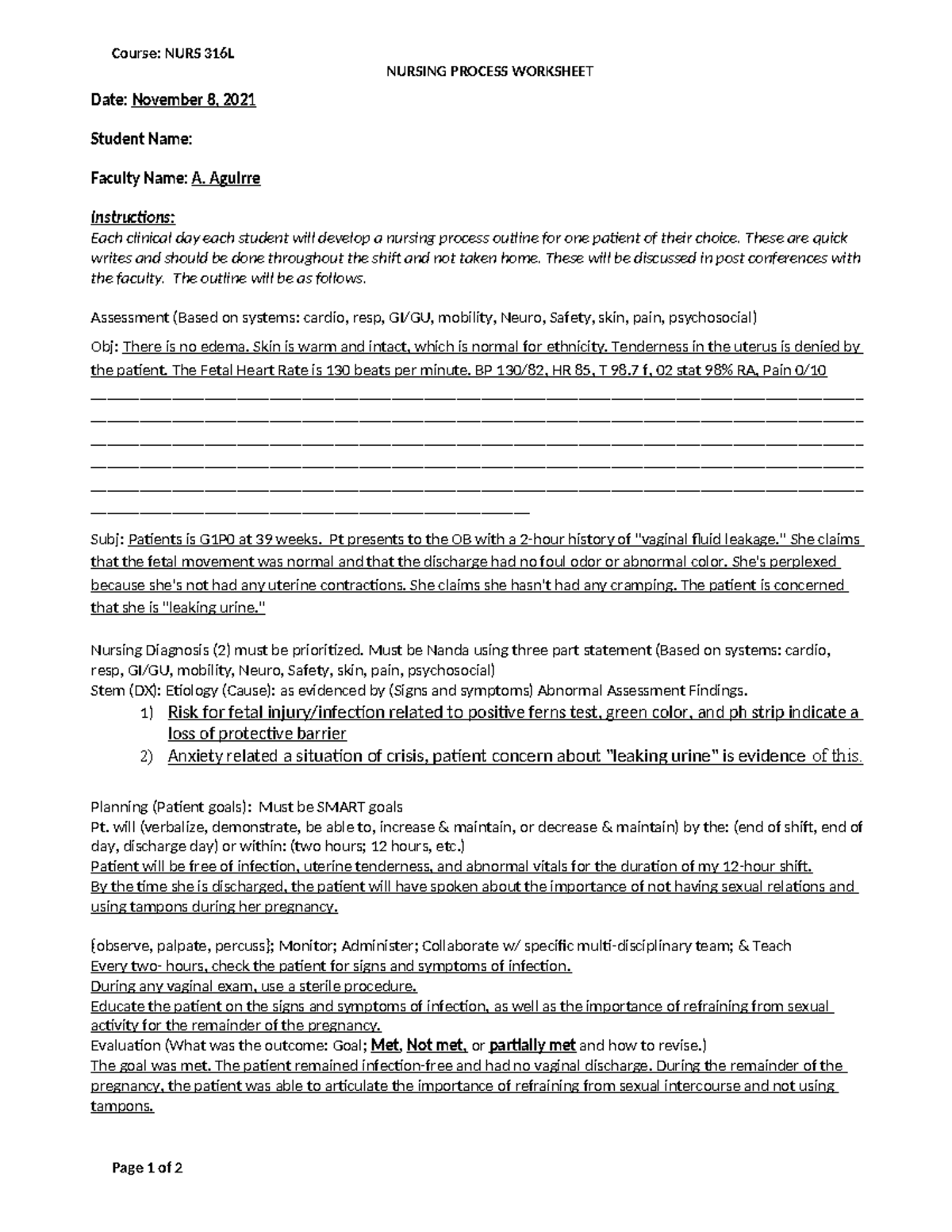 1N316L Nursing Process Worksheet SP - Course: NURS 316L NURSING PROCESS ...