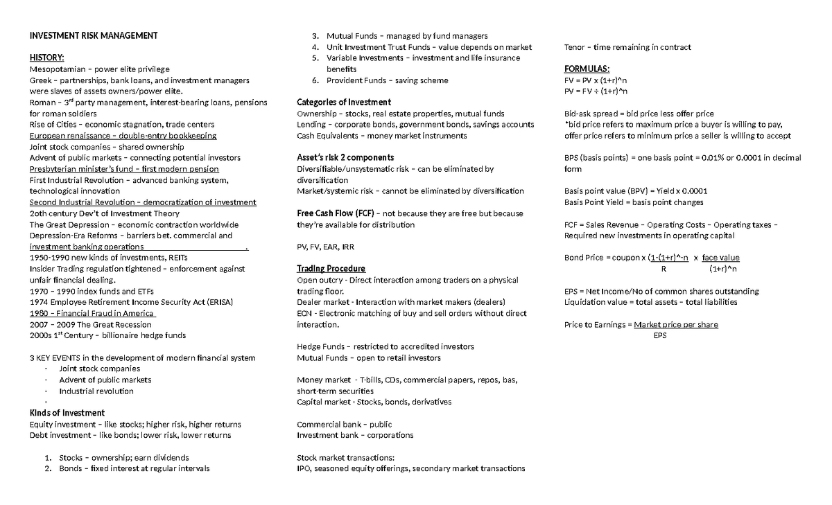 Irm, Mis Midterm Rev - Investment Risk Management Notes - Investment 