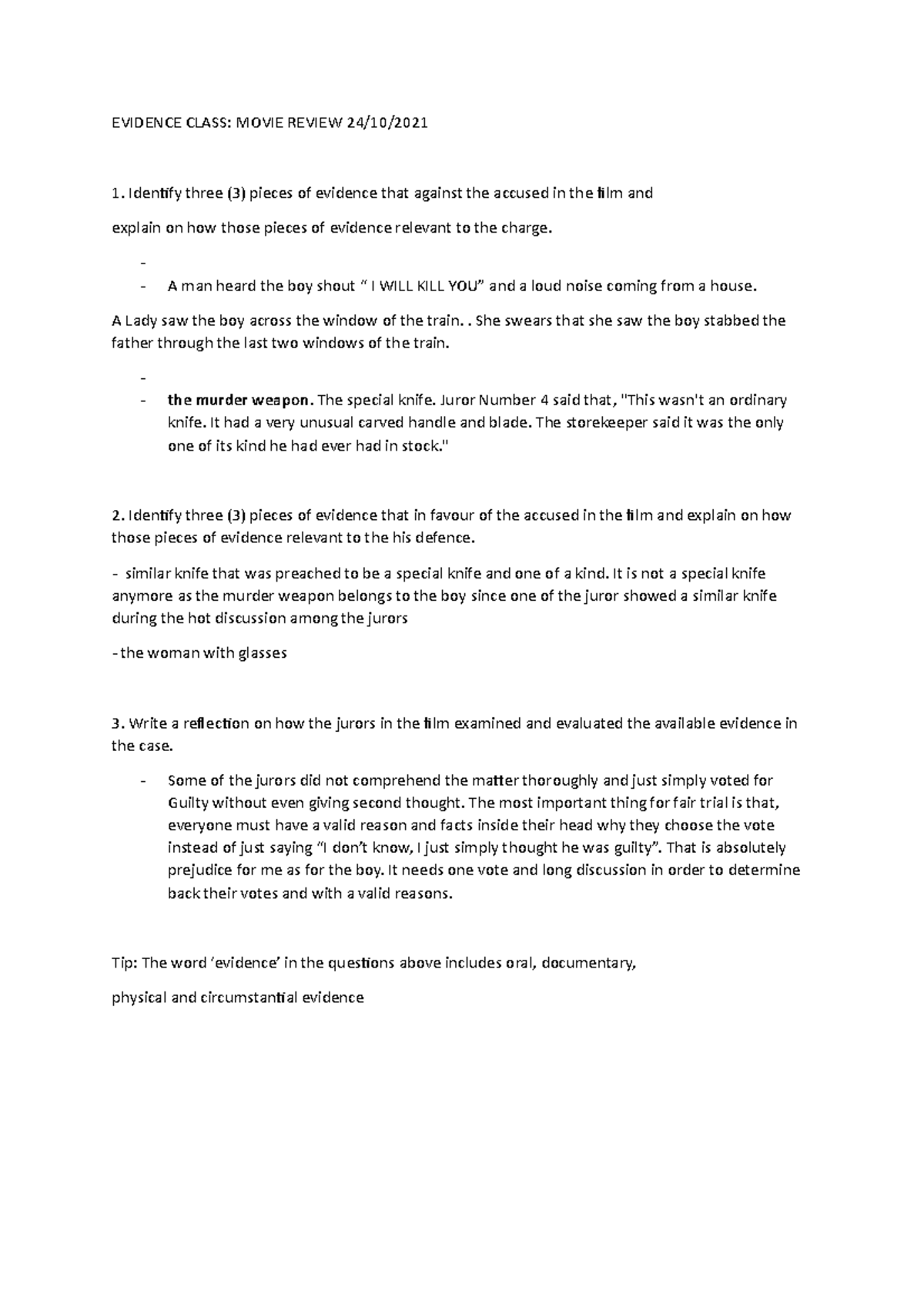Evidence Class understanding - EVIDENCE CLASS: MOVIE REVIEW 24/10 ...