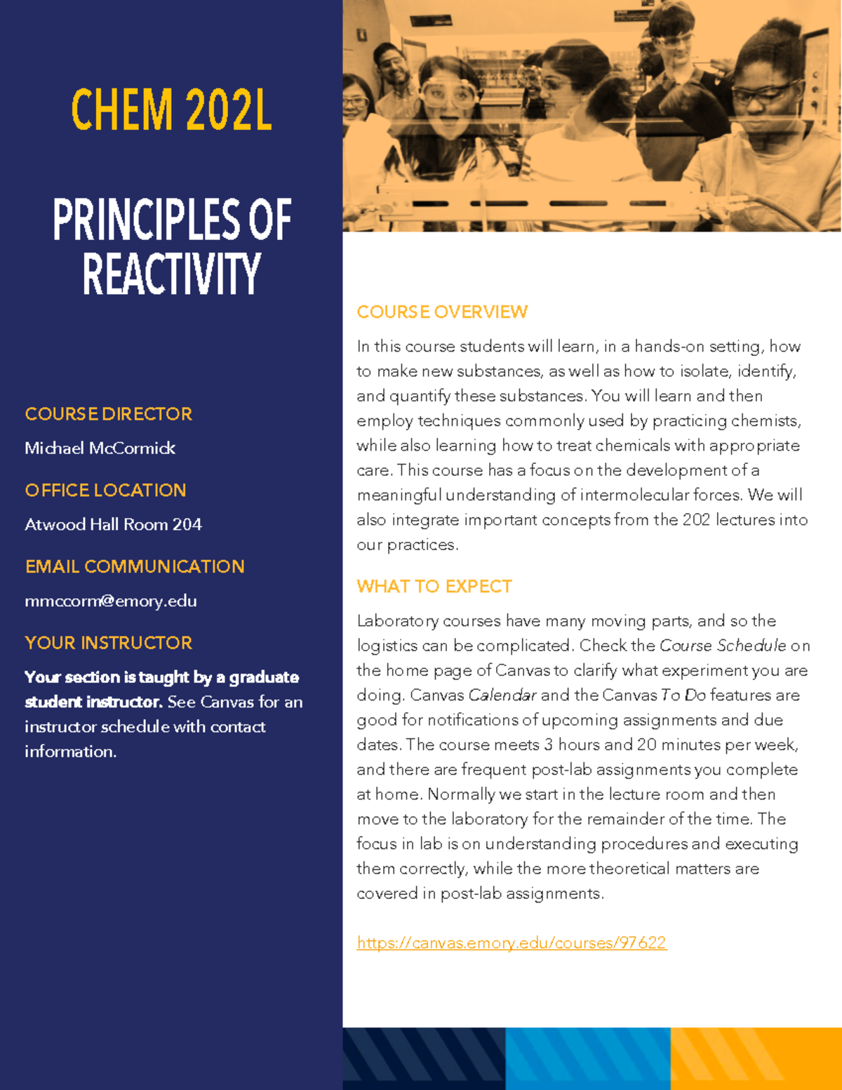 Syllabus Chem 202L S22 - COURSE OVERVIEW In this course students will ...