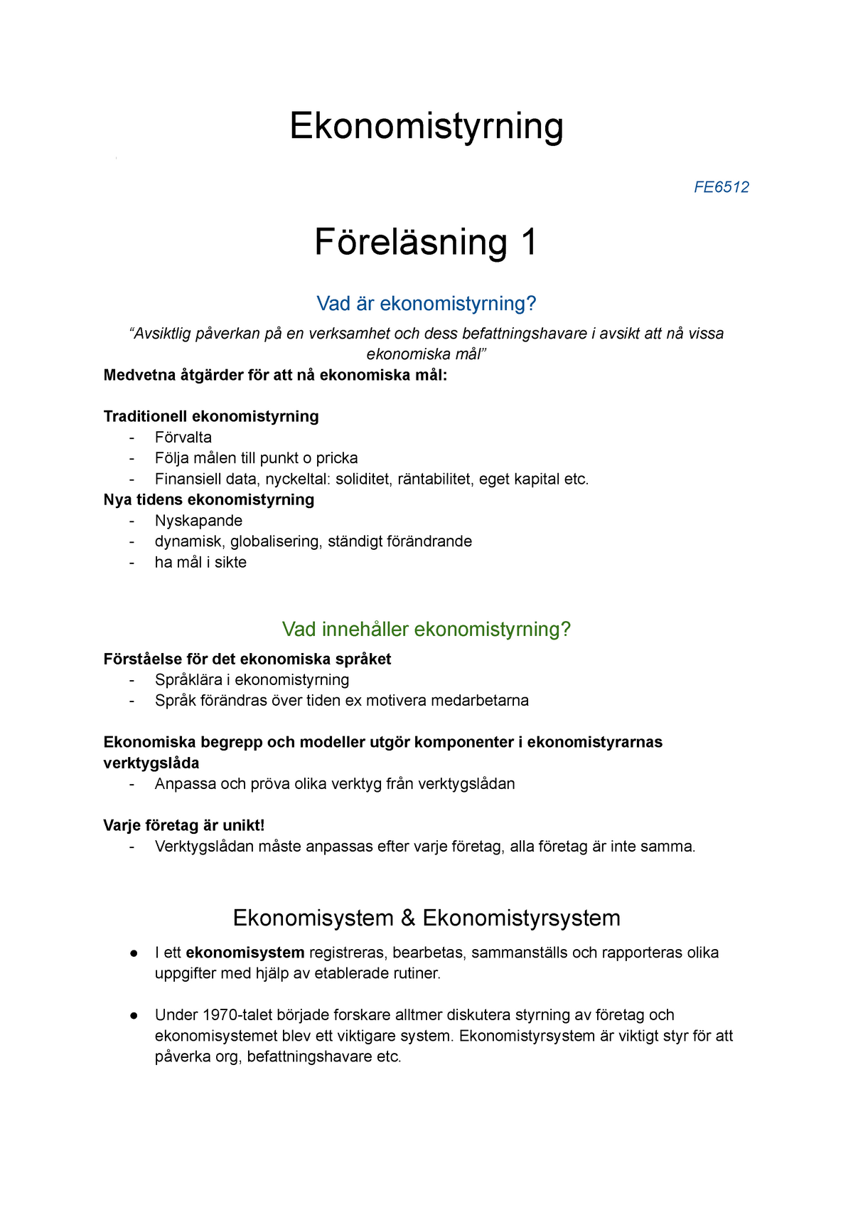 Ekonomistyrning - Föreläsningsanteckningar 1-10 - Ekonomistyrning ...