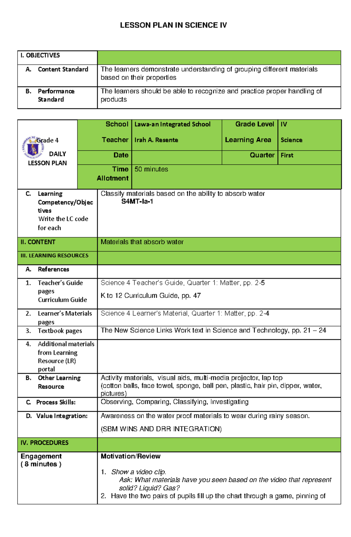 5E's Sample LP Science MAM IRAH - LESSON PLAN IN SCIENCE IV I ...