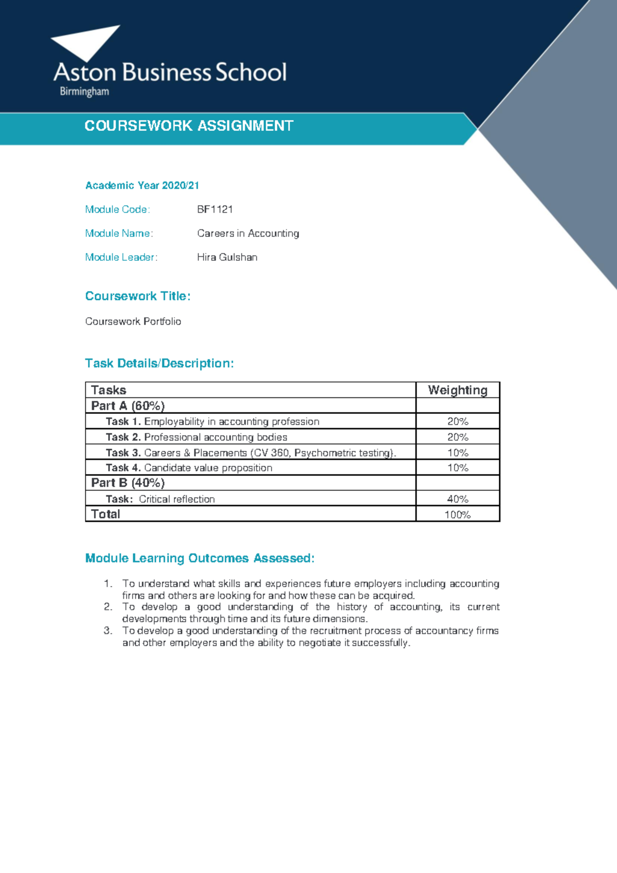 BF1121 Coursework Template 2020-21 - Academic Year 2020 Module Code: BF  Module Name: Careers in - Studocu