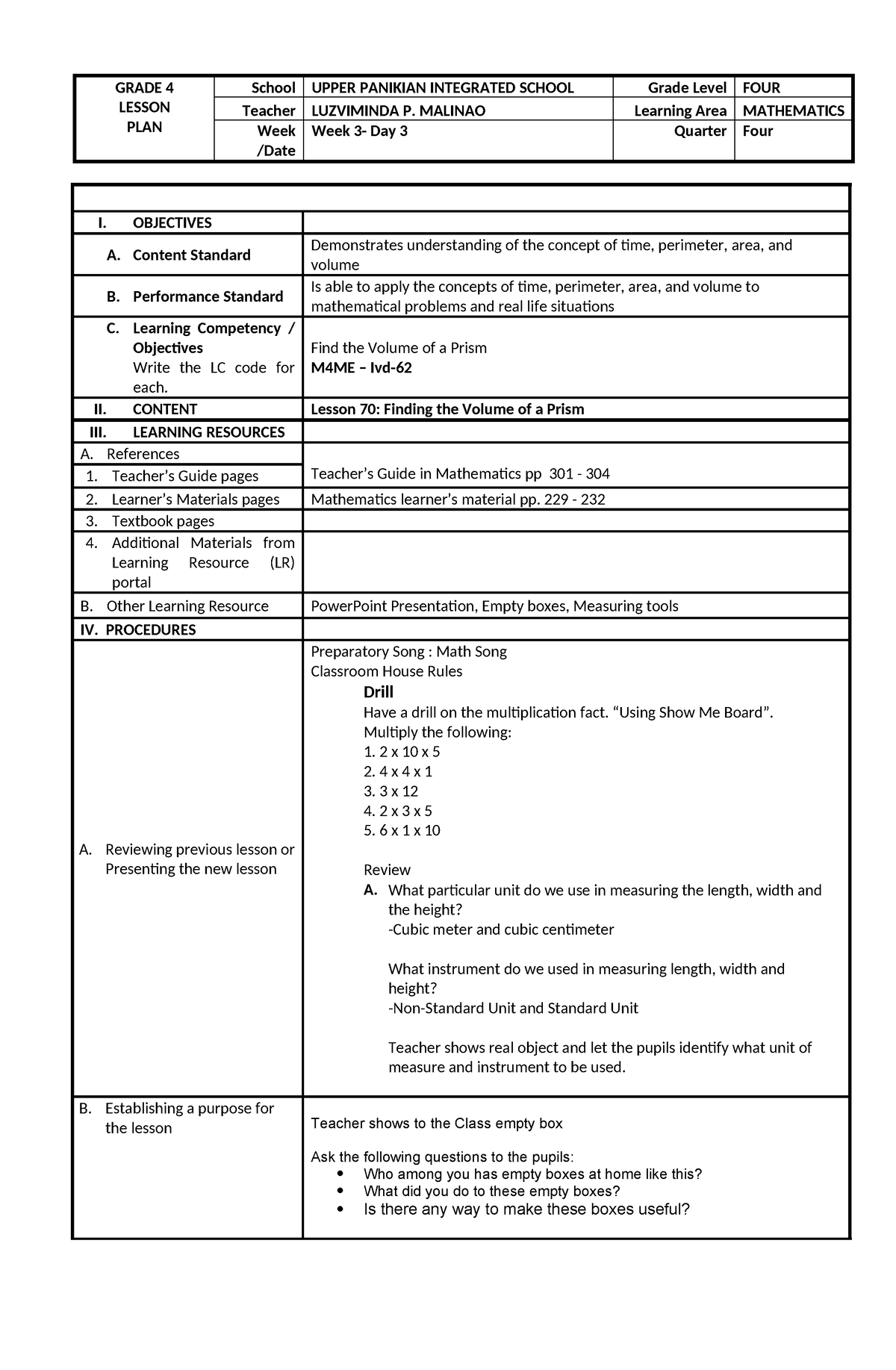 COT 2- Lesson Plan-Math 4-Quarter 4-Week 3 - GRADE 4 LESSON PLAN School ...