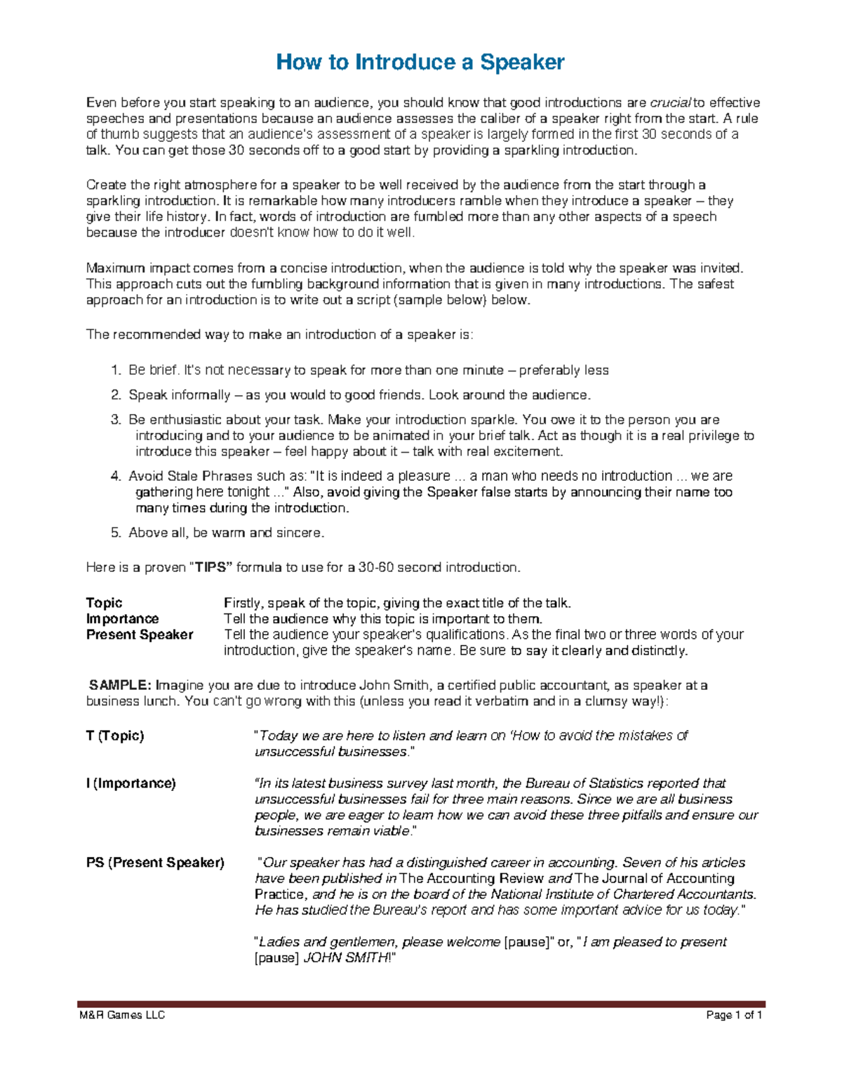 How to introduce a speaker M&R Games LLC Page 1 of 1 How to Introduce