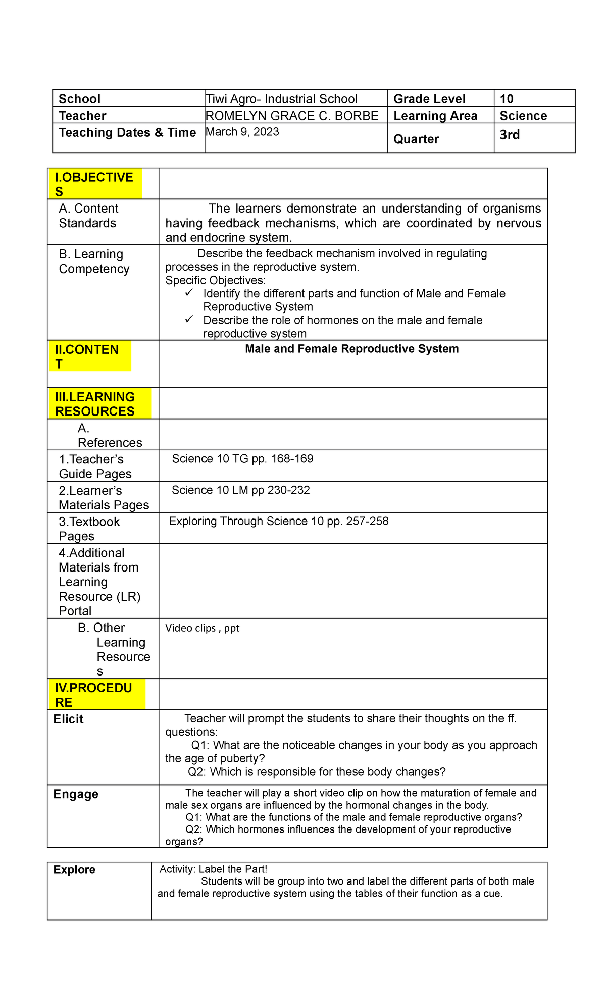 Lesson Plan reproductive system - School Tiwi Agro- Industrial School ...