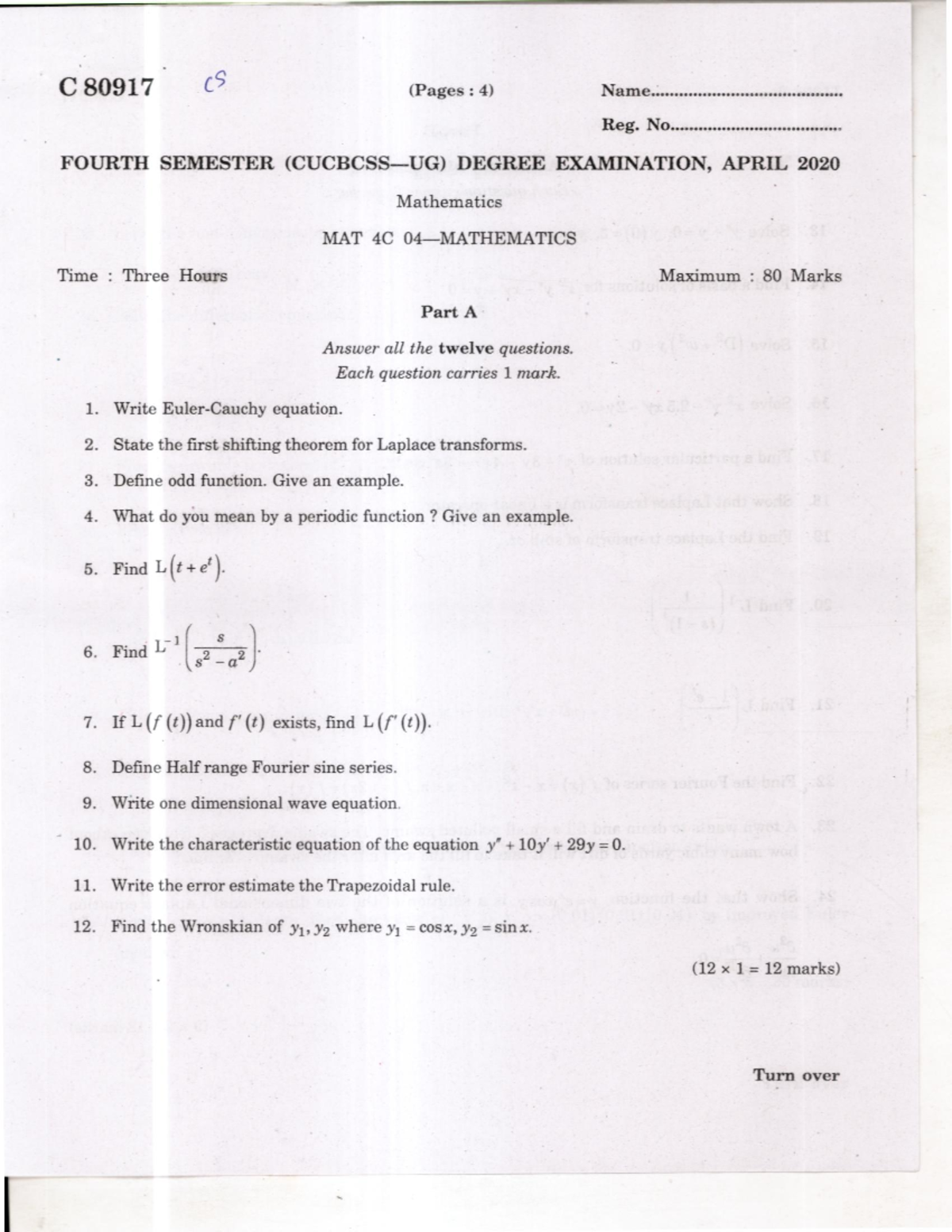 Mathematics-2020 - 4 th semester Computer science question paper ...
