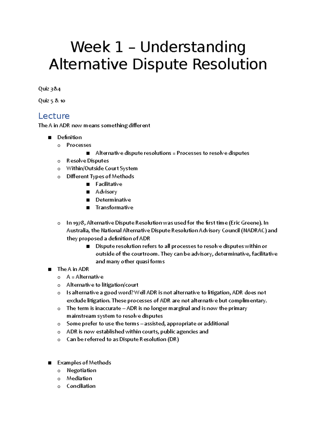 Week 1 - Understanding ADR - Week 1 – Understanding Alternative Dispute ...