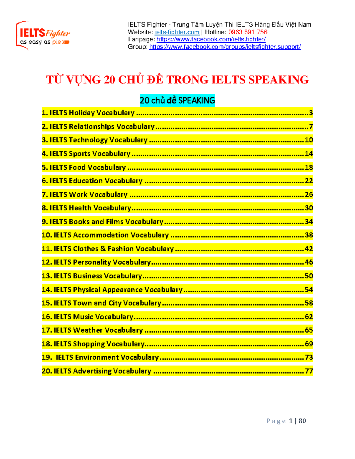 TỪ VỰNG 20 CHỦ ĐỀ Trong Ielts Speaking - Fanpage: Facebook/ielts ...