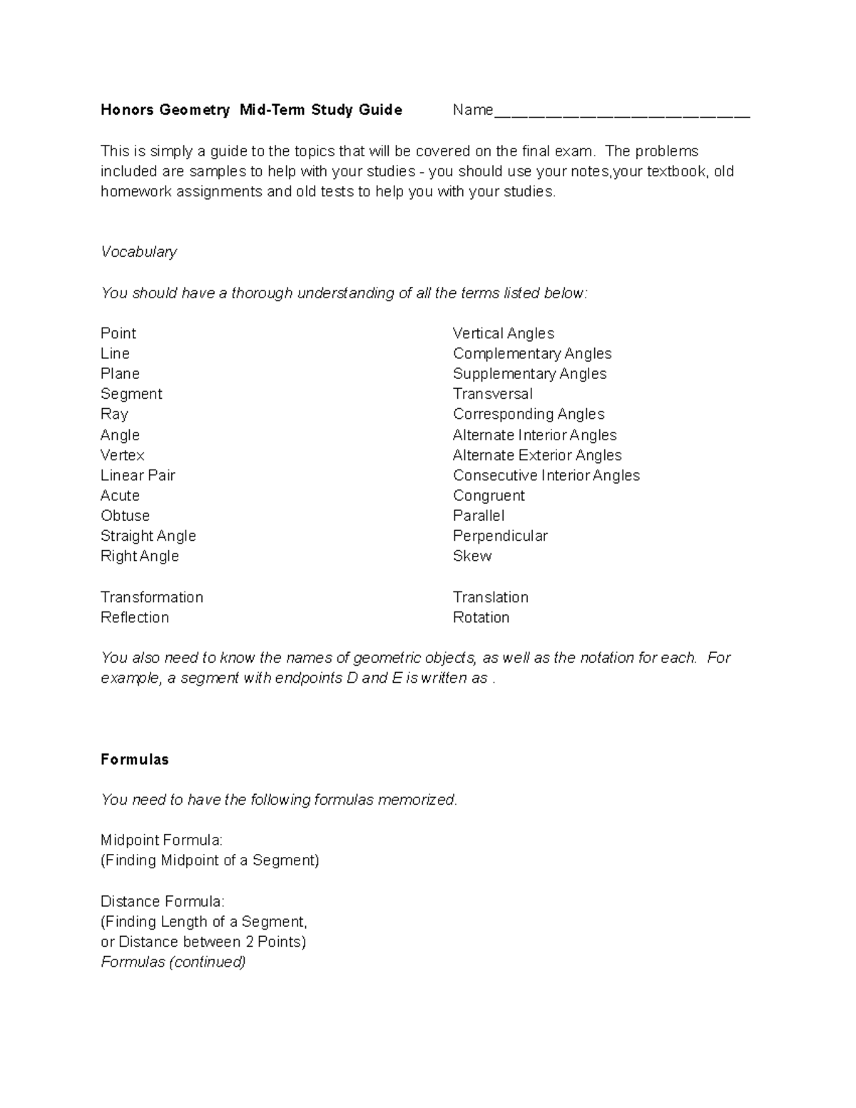 Honors Geometry Mid-Term Study Guide - The problems included are ...