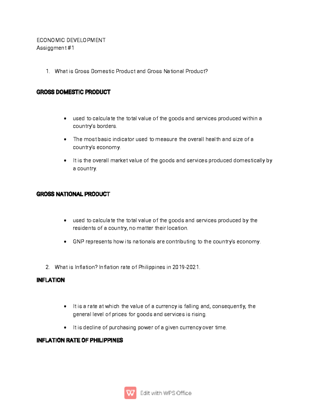 Econ Dev Activity ECONOMIC DEVELOPMENT Assiggment What is Gross Domestic Product and Gross
