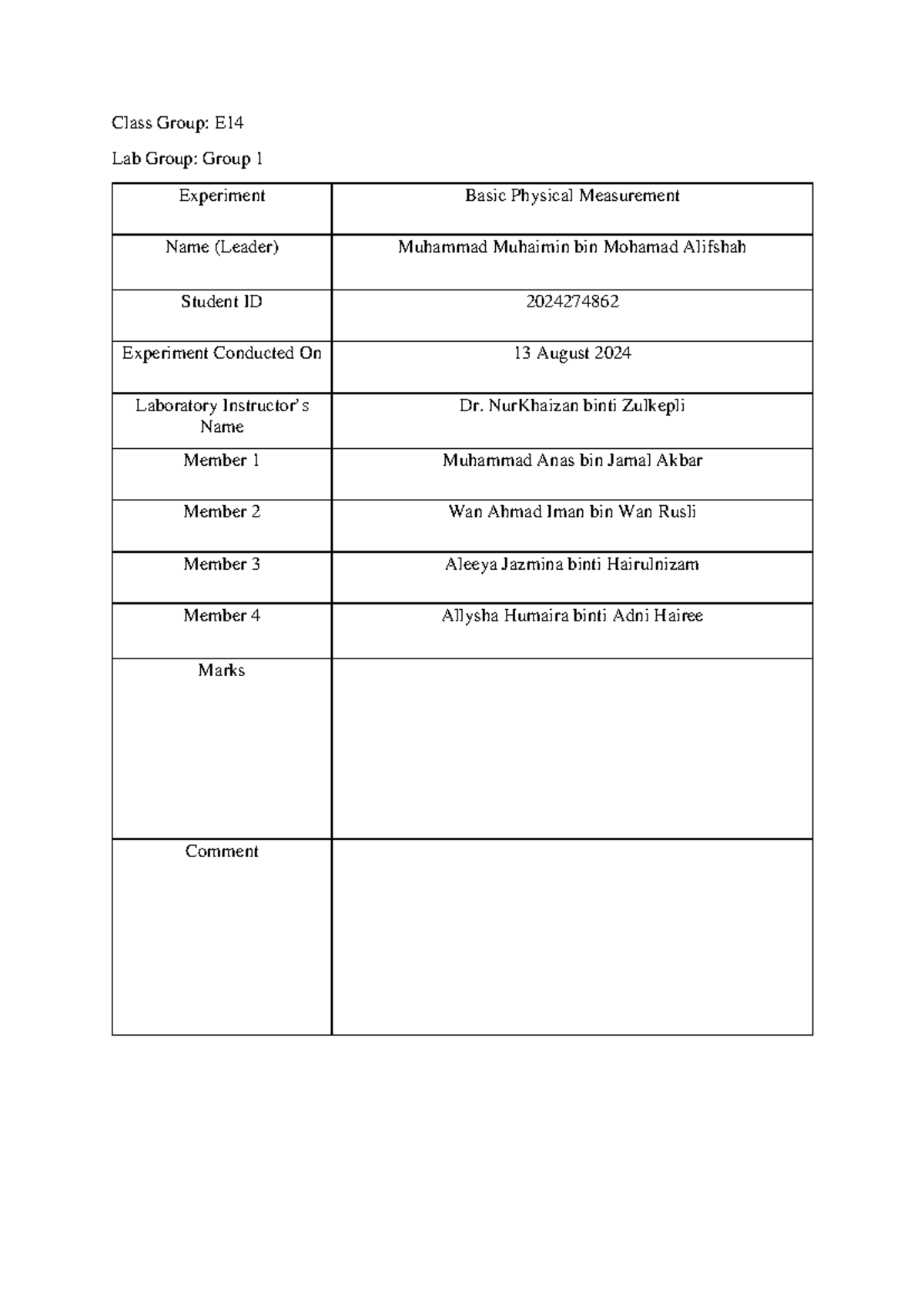 Muhammad Muhaimin PHY Experiment 1 PDF - Class Group: E Lab Group ...