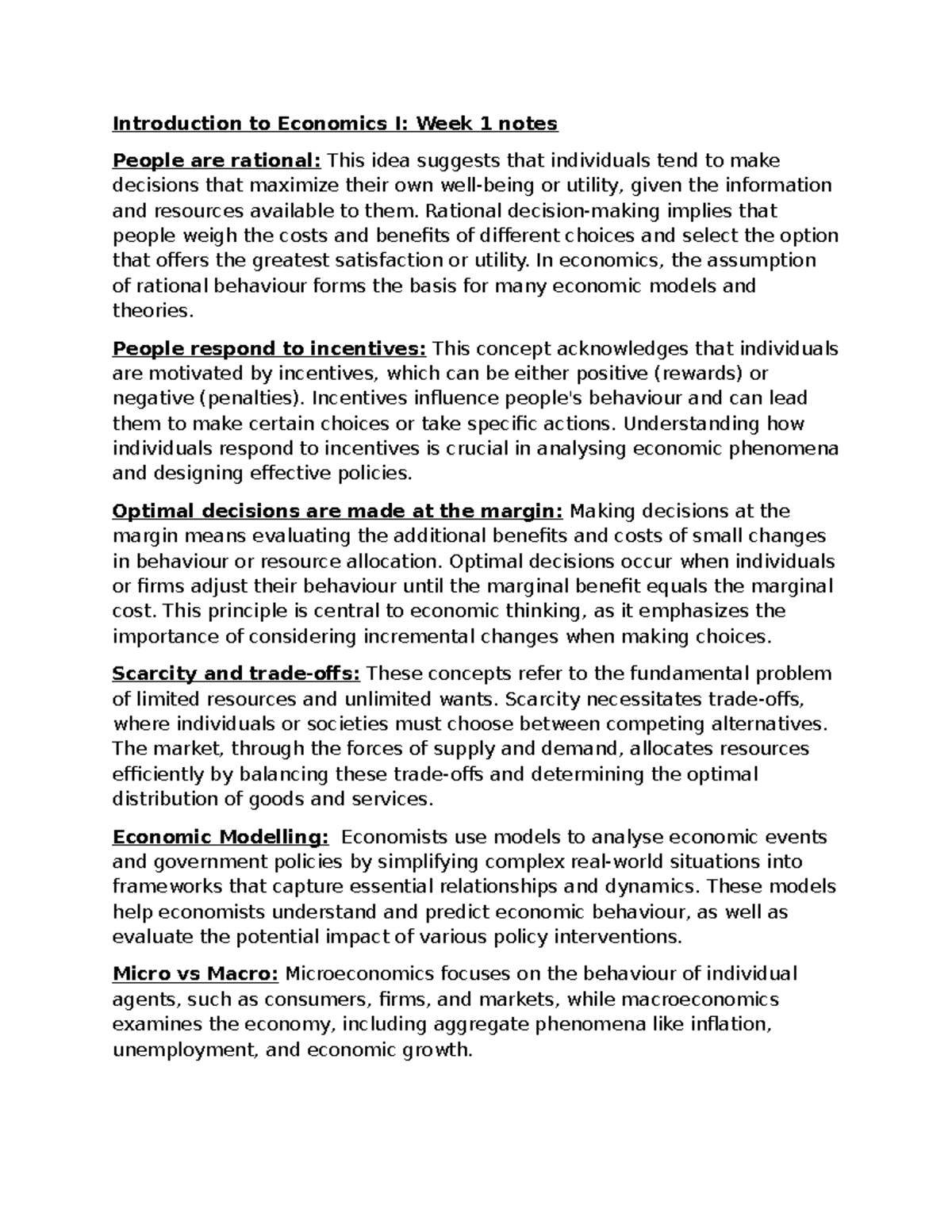 Week1 - Week3 notes - Introduction to Economics I: Week 1 notes People ...