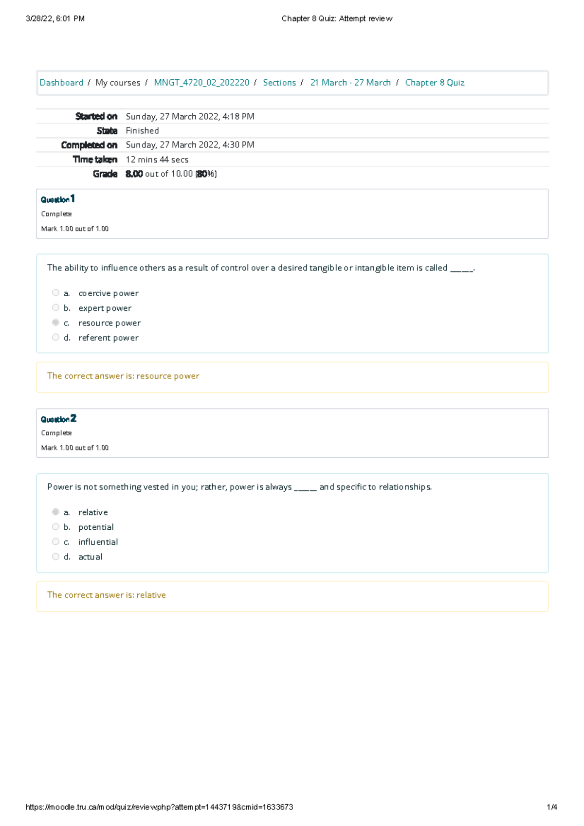 Chapter 8 Quiz 2 Attempt Review - Dashboard / My Courses / MNGT_4720_02 ...