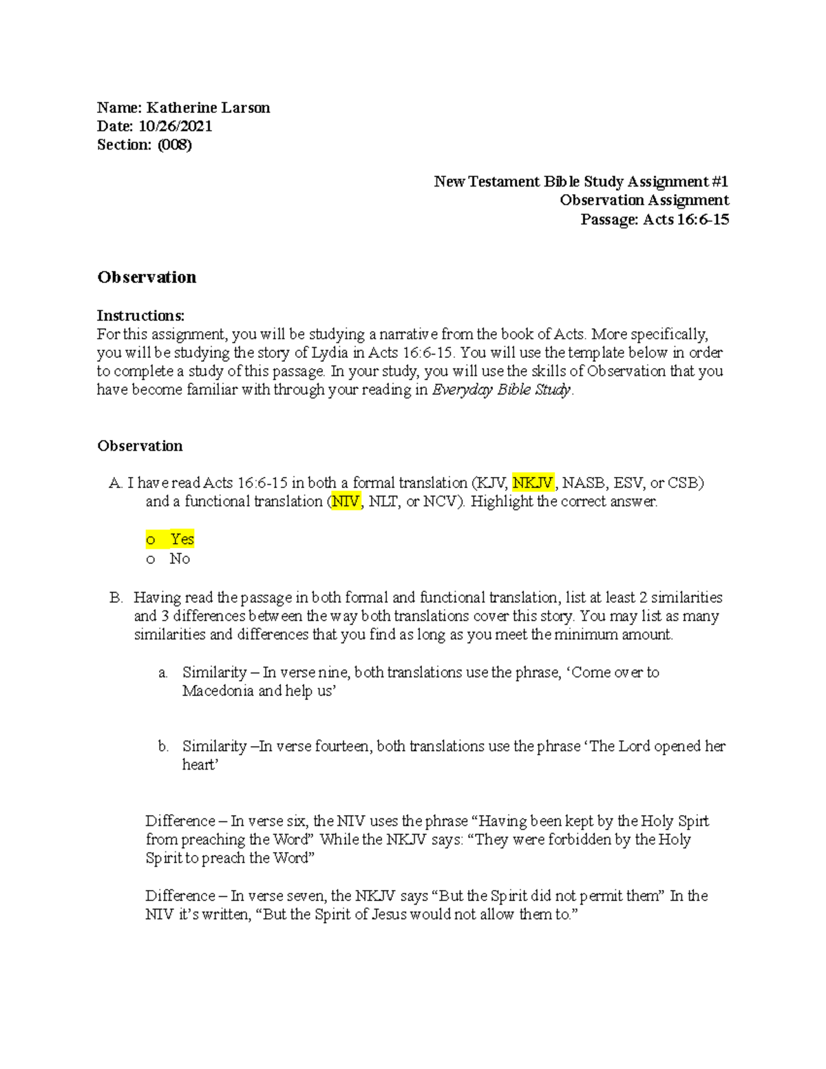 BIBL 110 Bible Study Observation Assignment Template (AY2122) Name
