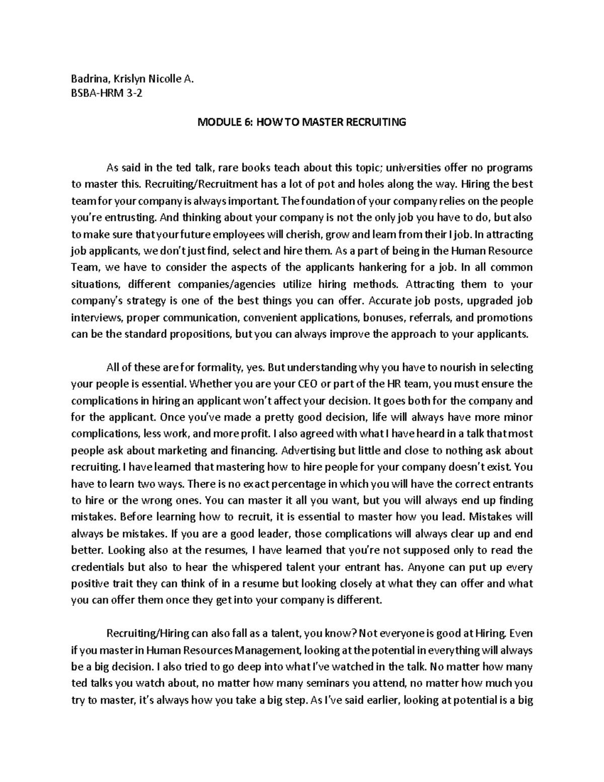 Module 6: Recruitment and Selection - Badrina, Krislyn Nicolle A. BSBA ...