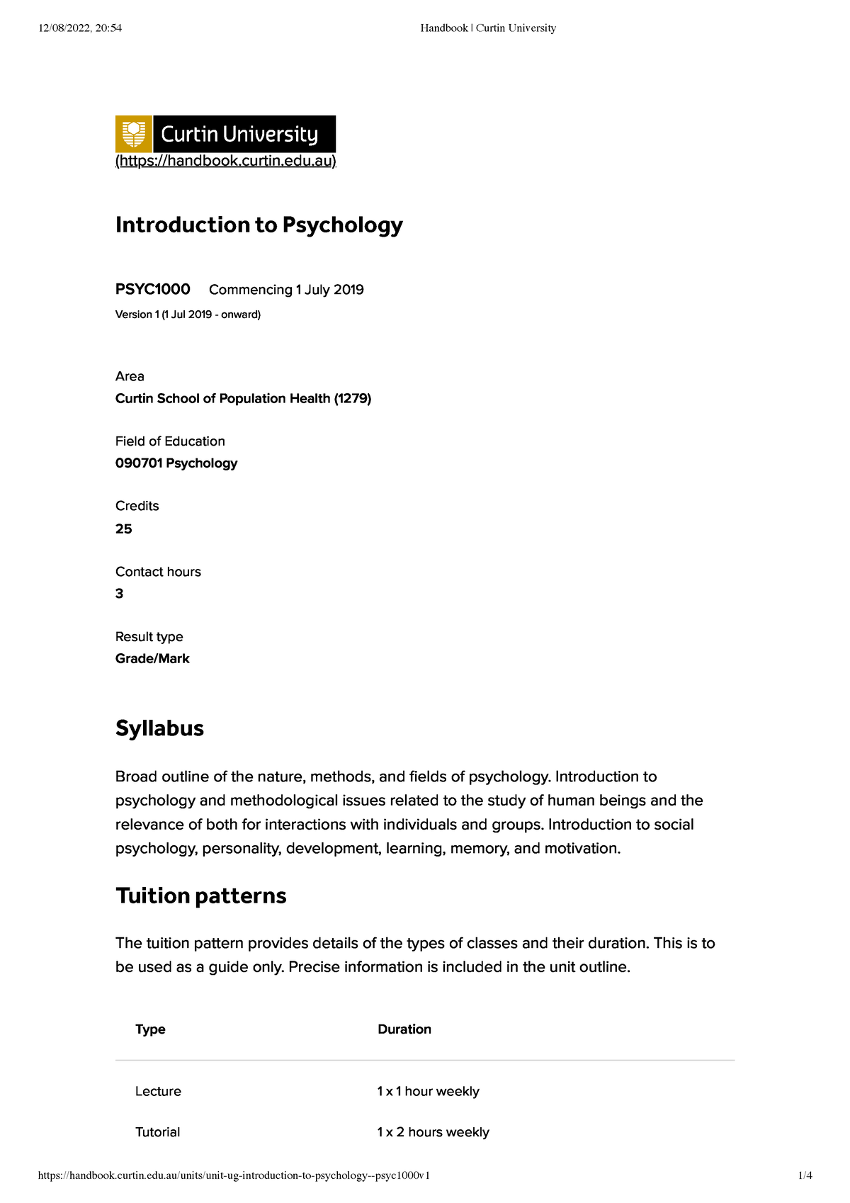 Intro to psychology Course outline PSYC1000 Commencing 1 July 2019