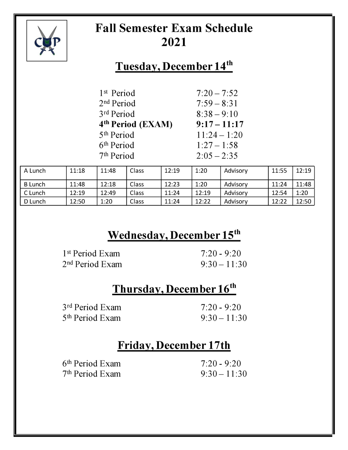 Fall 2021Final Exam Schedule Fall Semester Exam Schedule 2021 Tuesday