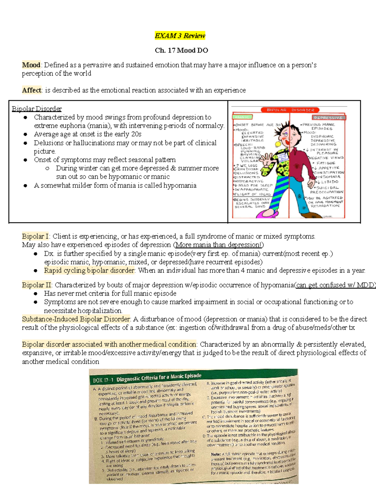 PSYC EXAM 3 Review - Noelia - EXAM 3 Review Ch. 17 Mood DO Mood ...