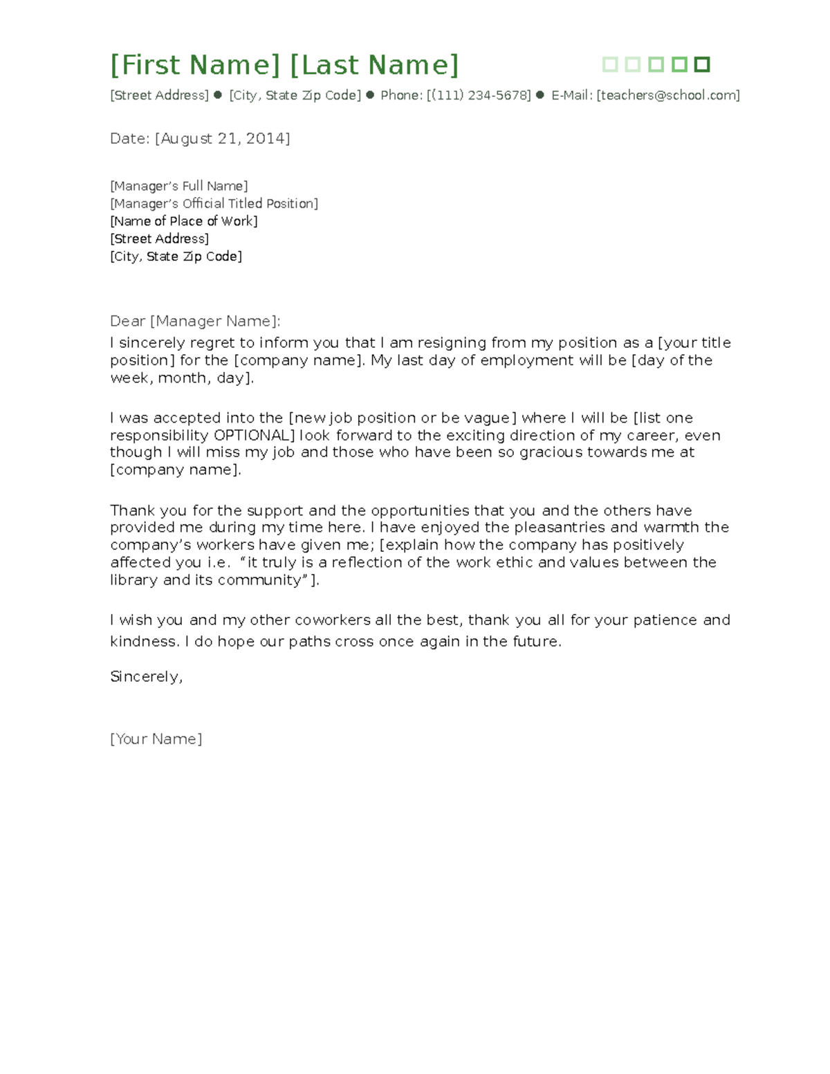 Resignation Letter Template-1 - [First Name] [Last Name] [Street ...