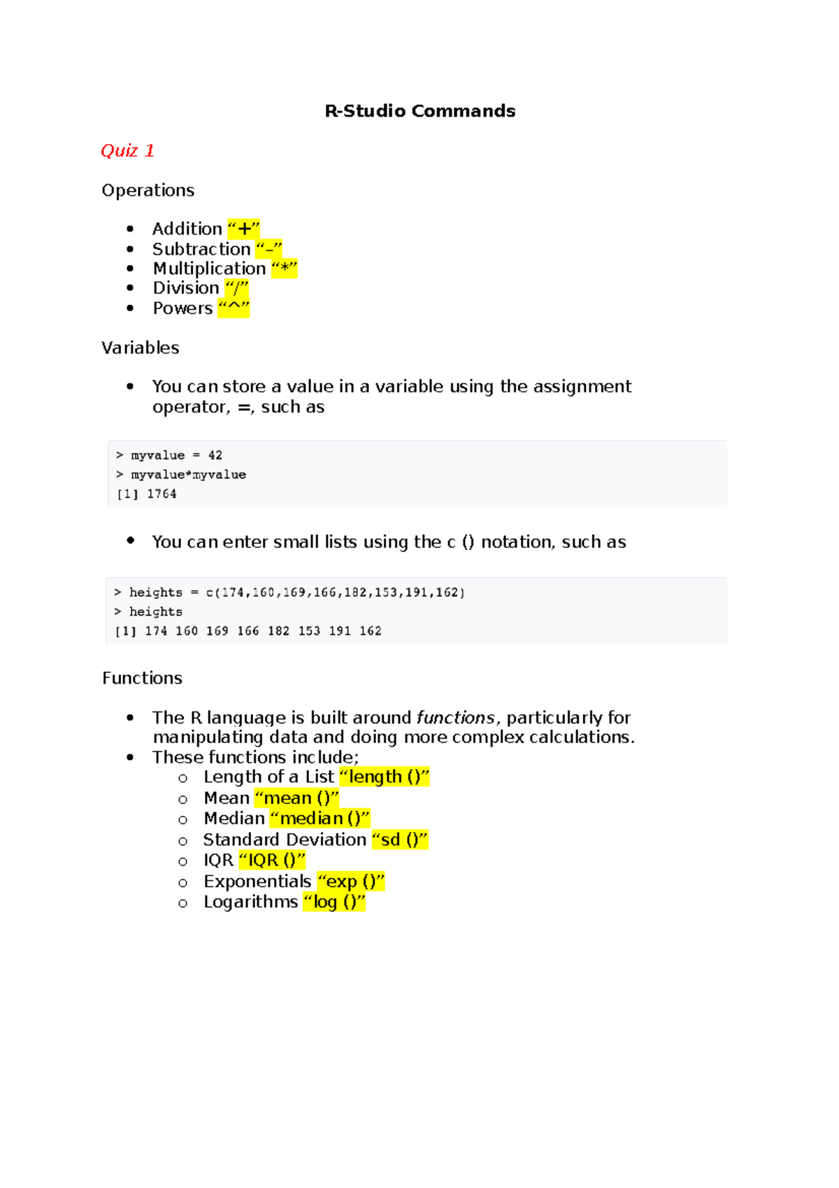 R-Studio Commands to Know for STAT1201 - R-Studio Commands Quiz 1  Operations  Addition “+”  - Studocu