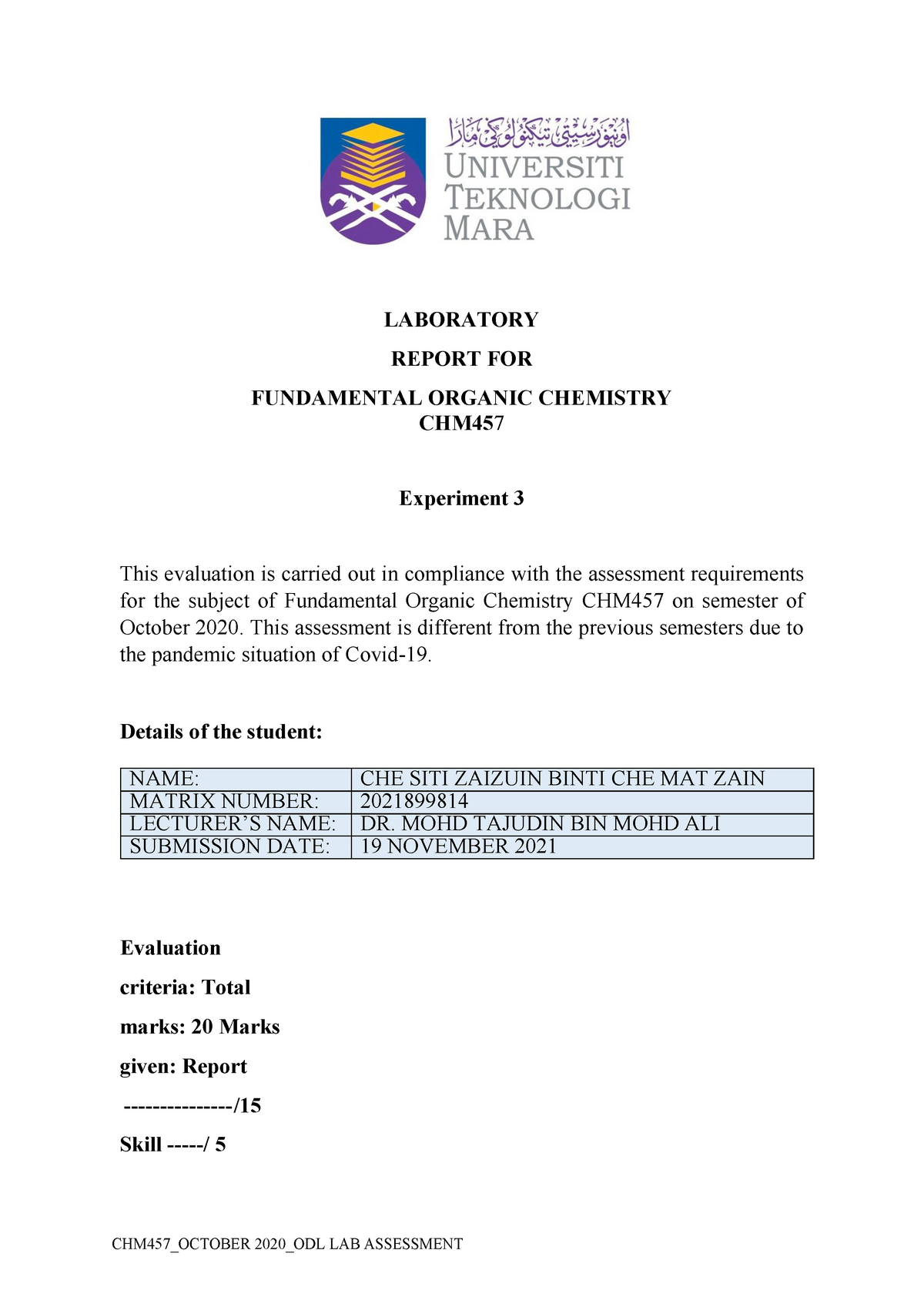 lab report chemistry matriculation experiment 3 semester 1