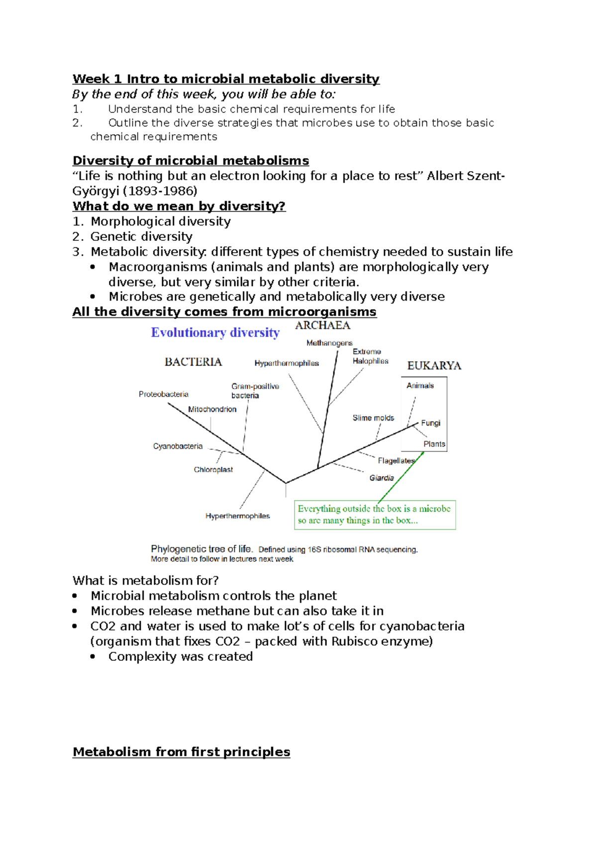Week 1 intro to microbial metabolic diversity Week 1 Intro to
