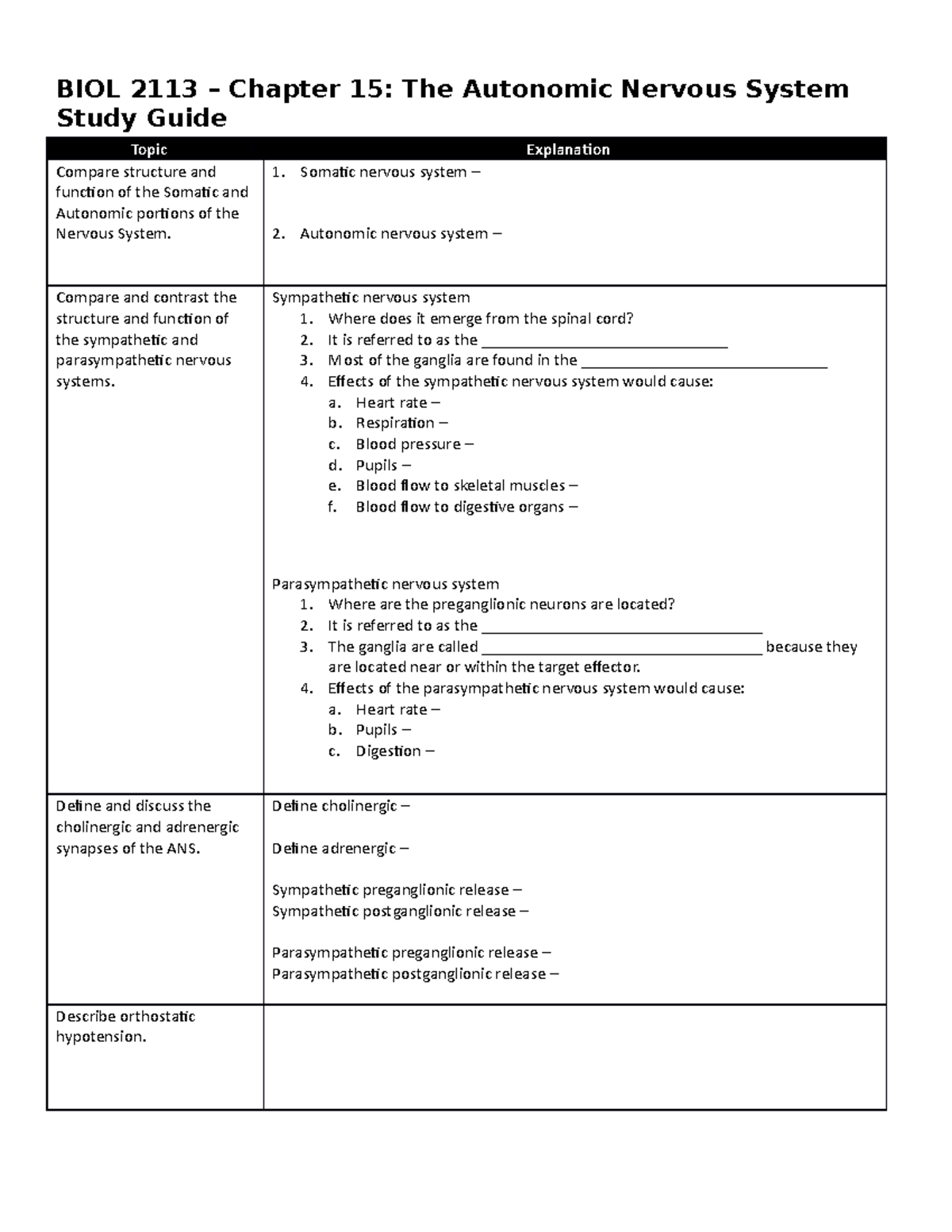 BIOL 2113 Ch15 Study Guide - BIOL 2113 – Chapter 15: The Autonomic ...