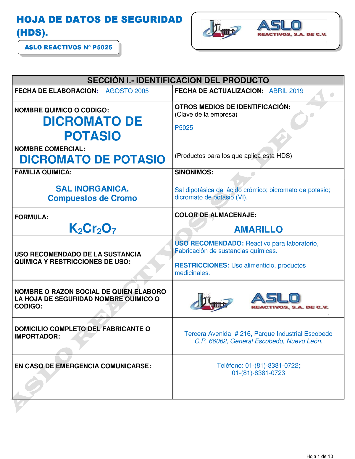 Hoja Seguridad P Potasio Dicromato Hds Aslo Reactivos N P