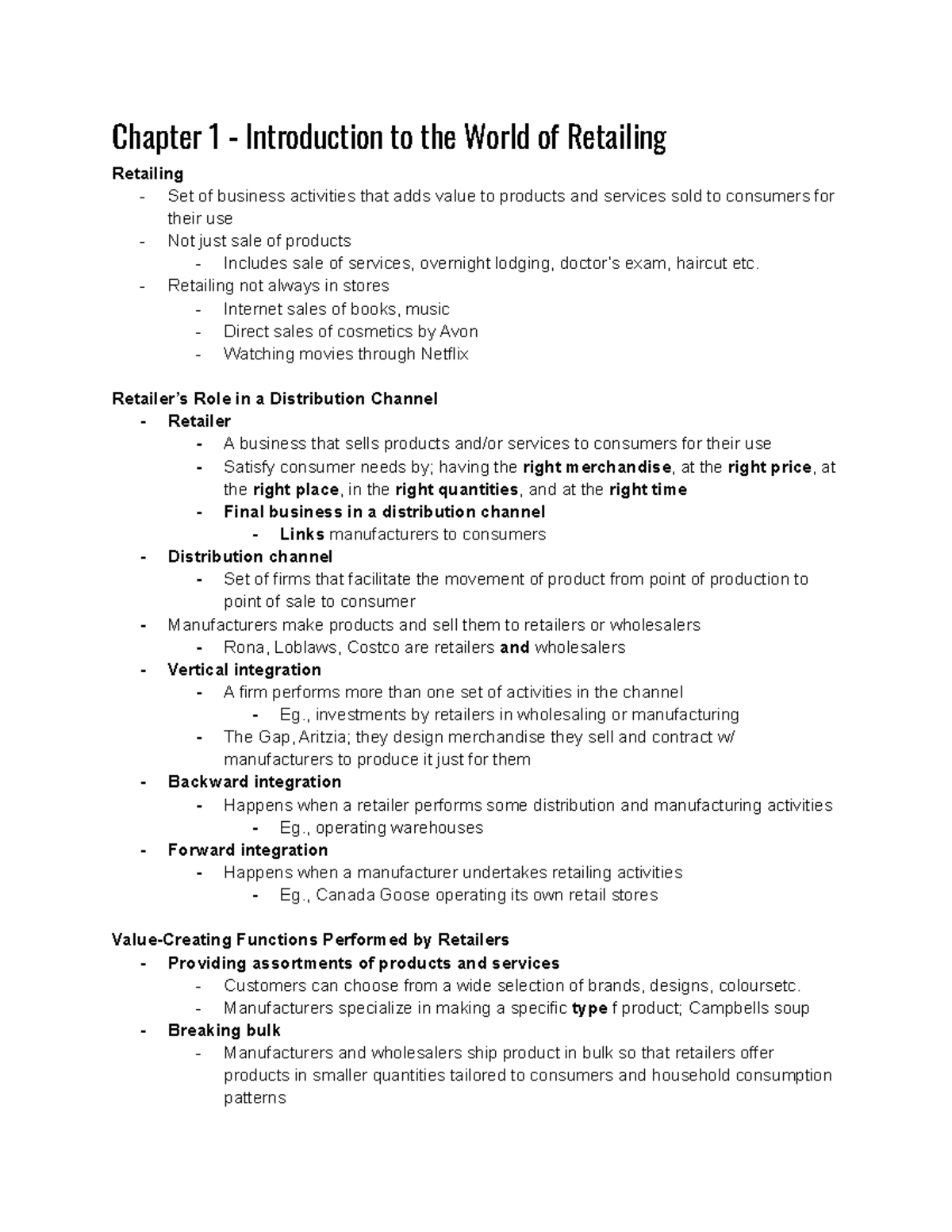 RMG200 - Chapter 1 Introduction to the World of Retailing Notes ...
