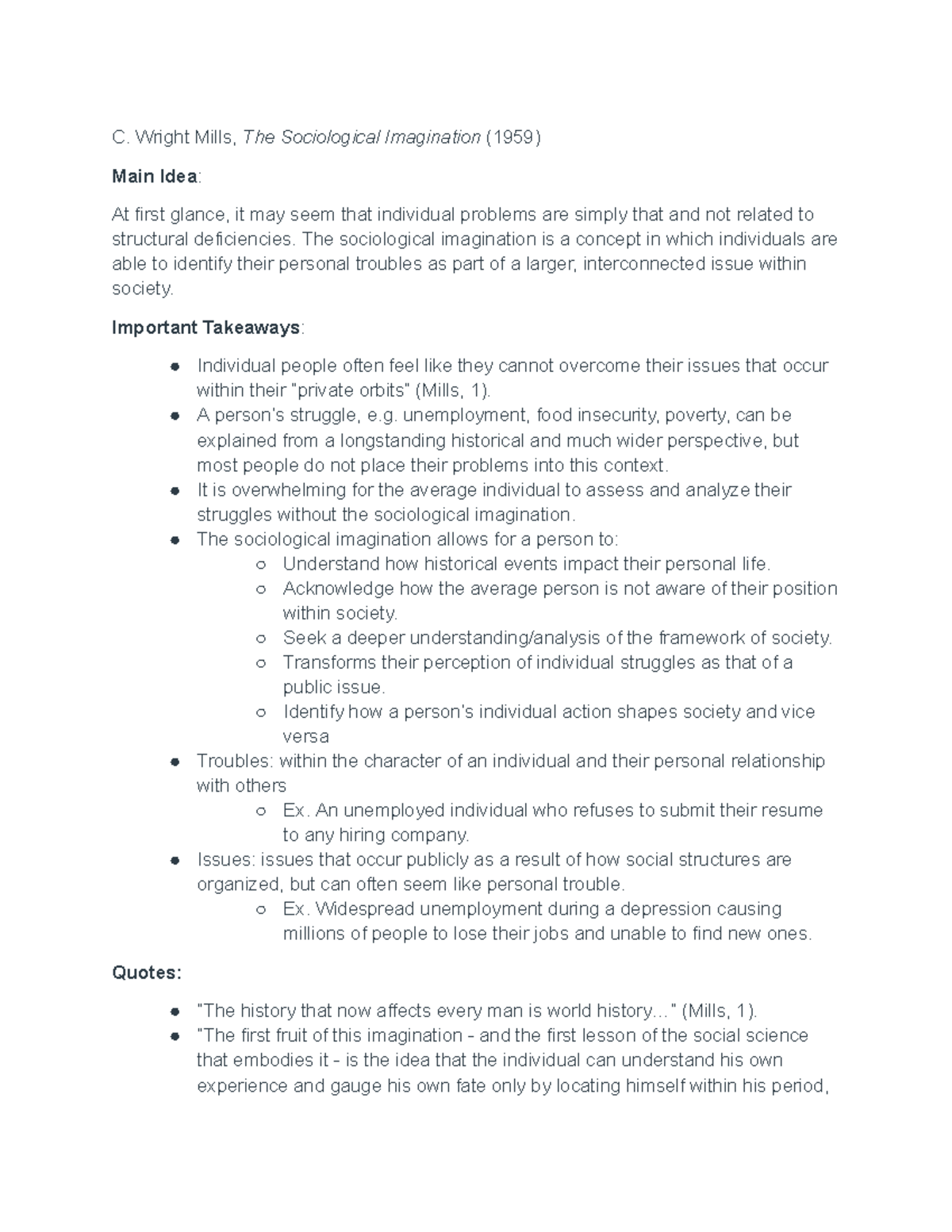 Mills Reading Summary of Wright Mill's "Sociological Imagination" C