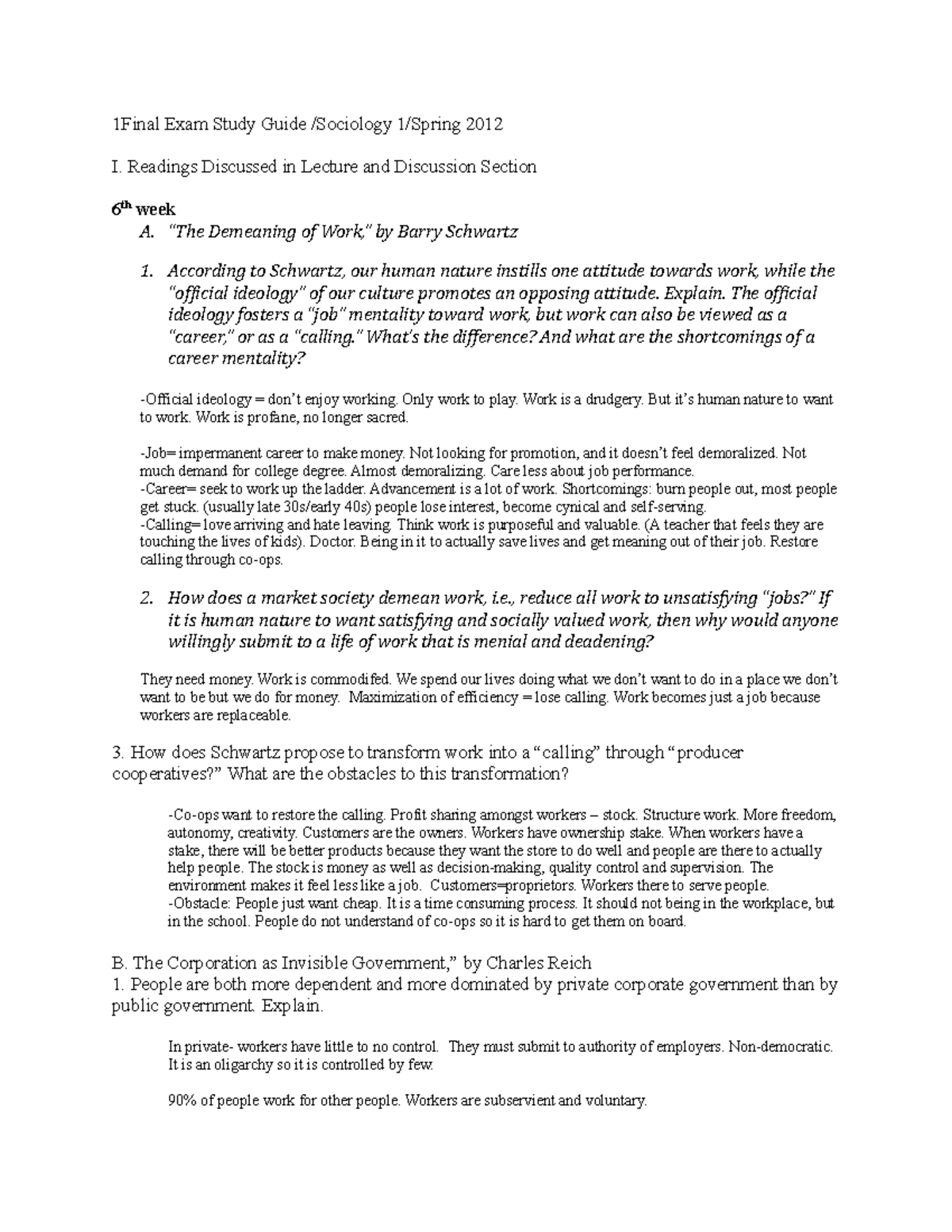 Soc 1 Final Review - 1Final Exam Study Guide /Sociology 1/Spring 2012 I ...