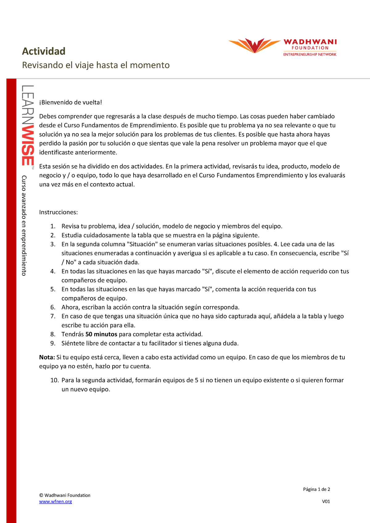 Leccion 1 Actividad 1 Página 1 De 2 © Wadhwani Foundation Wfnen V Actividad Revisando El Viaje 4659
