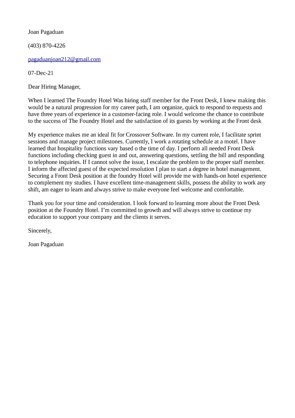 Joan g cover letter - Sherwin Ualat - Joan Pagaduan (403) 870 ...