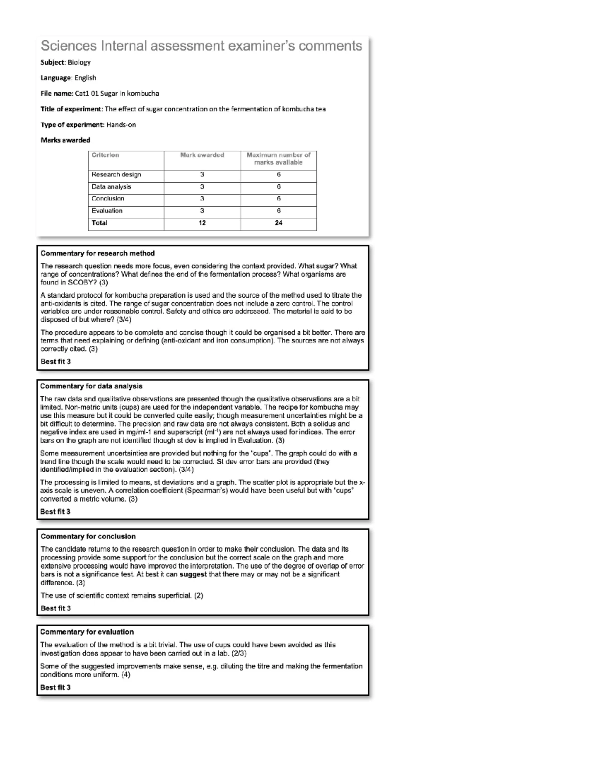 Biology IA sample B moderator score and comments - Sciences Internal ...