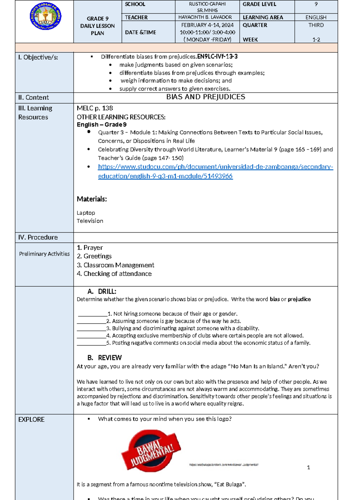 Quarter 3 Lesson 1(W1-3) - 1 GRADE 9 DAILY LESSON PLAN SCHOOL RUSTICO ...