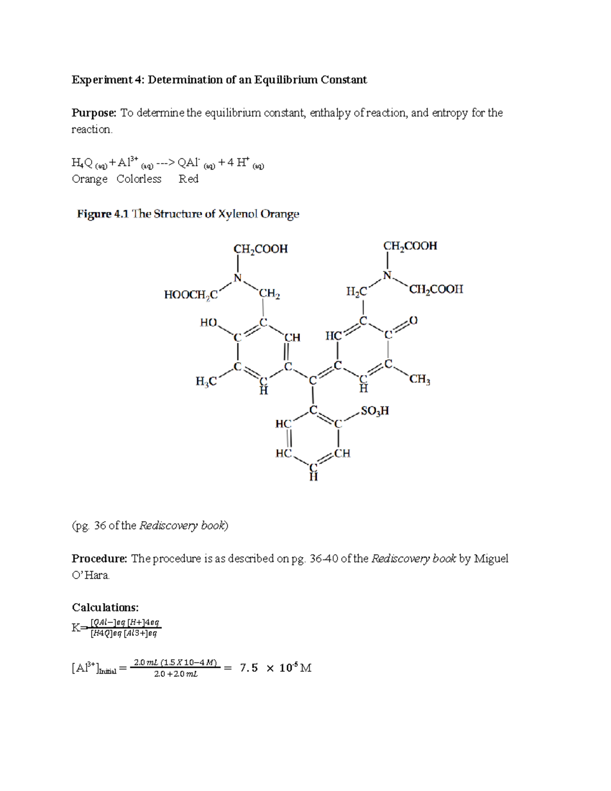 Equilibrium Constant - Lab Report - Experiment 4: Determination of an ...