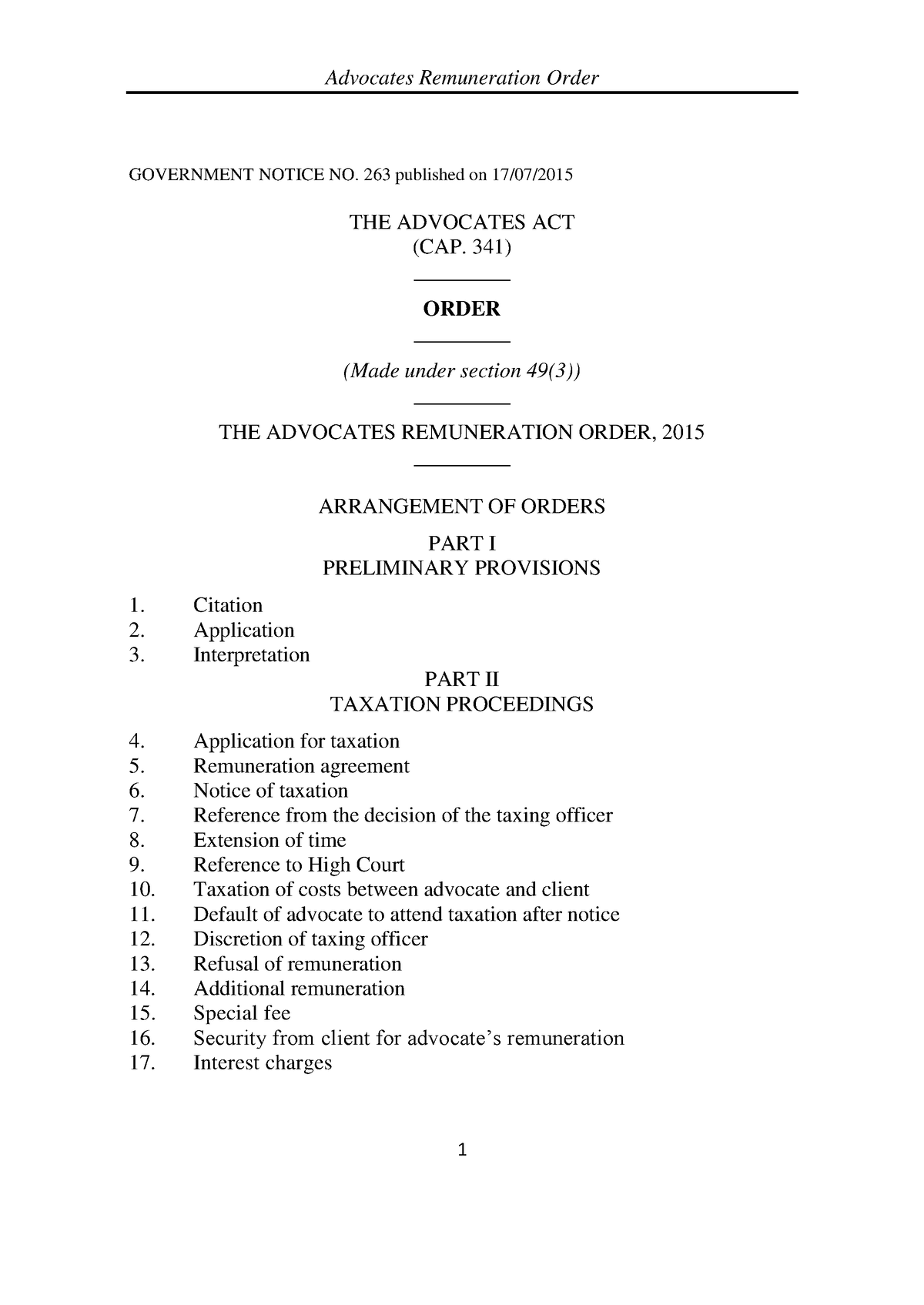 Advocates Remuneration Order THE Advocates ACT CAP. 341 Order - GN. No ...