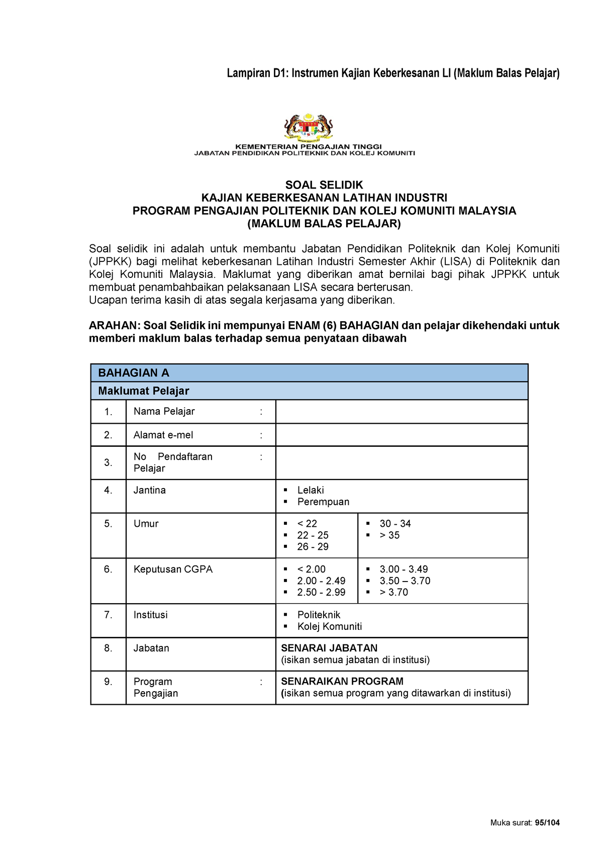 Soal Selidik Kajian Keberkesanan Latihan Industri Program Pengajian