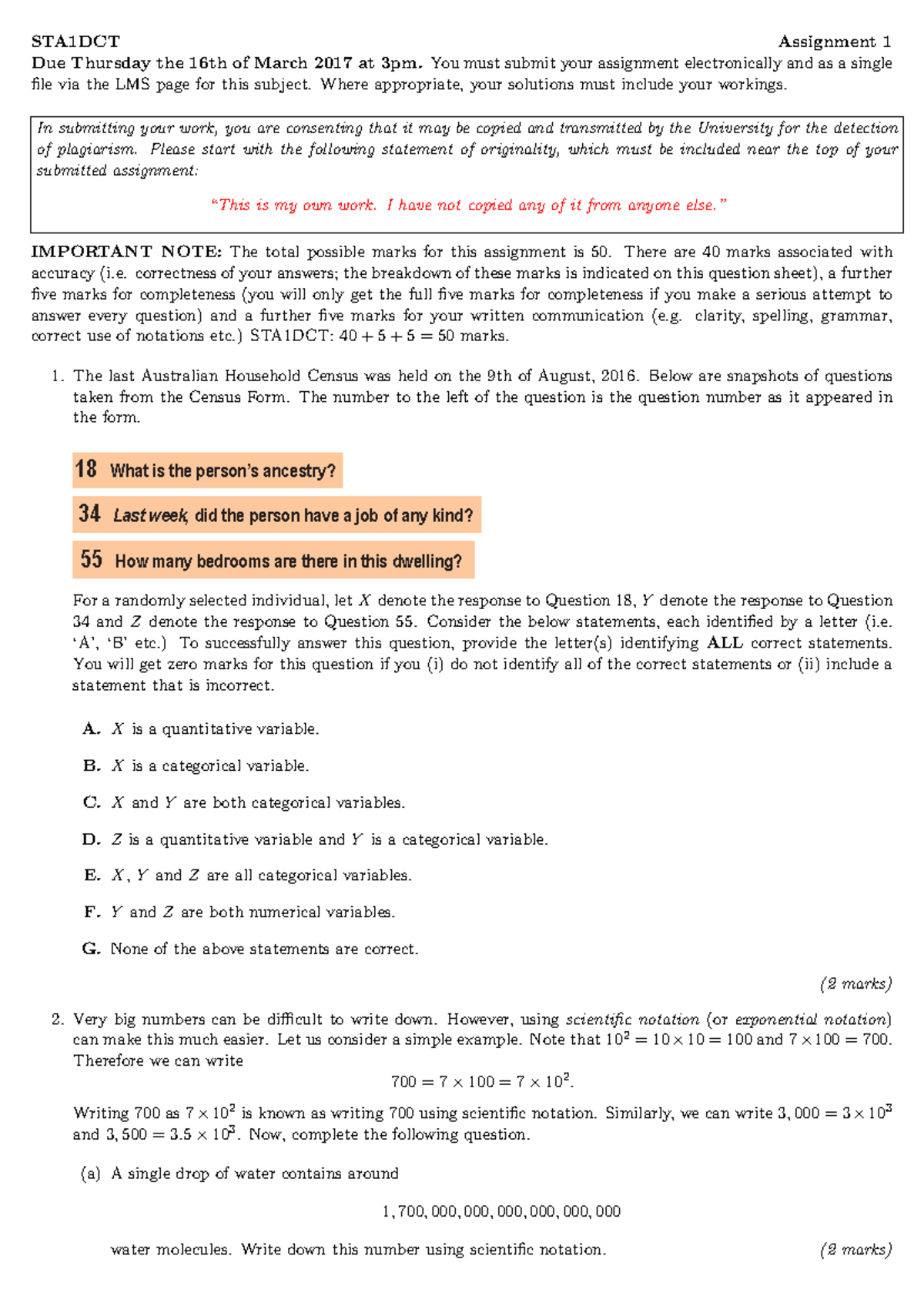 STA1DCT Assignment 1 - You must submit your assignment electronically ...