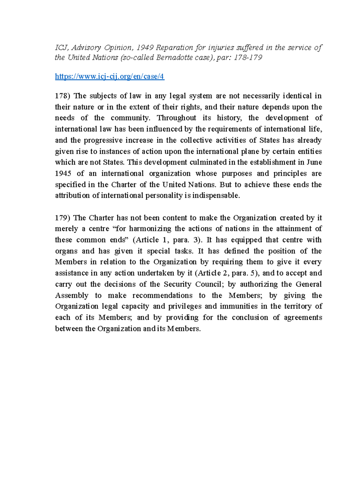 4.1 ICJ Bernadotte - Estratto - ICJ, Advisory Opinion, 1949 Reparation ...