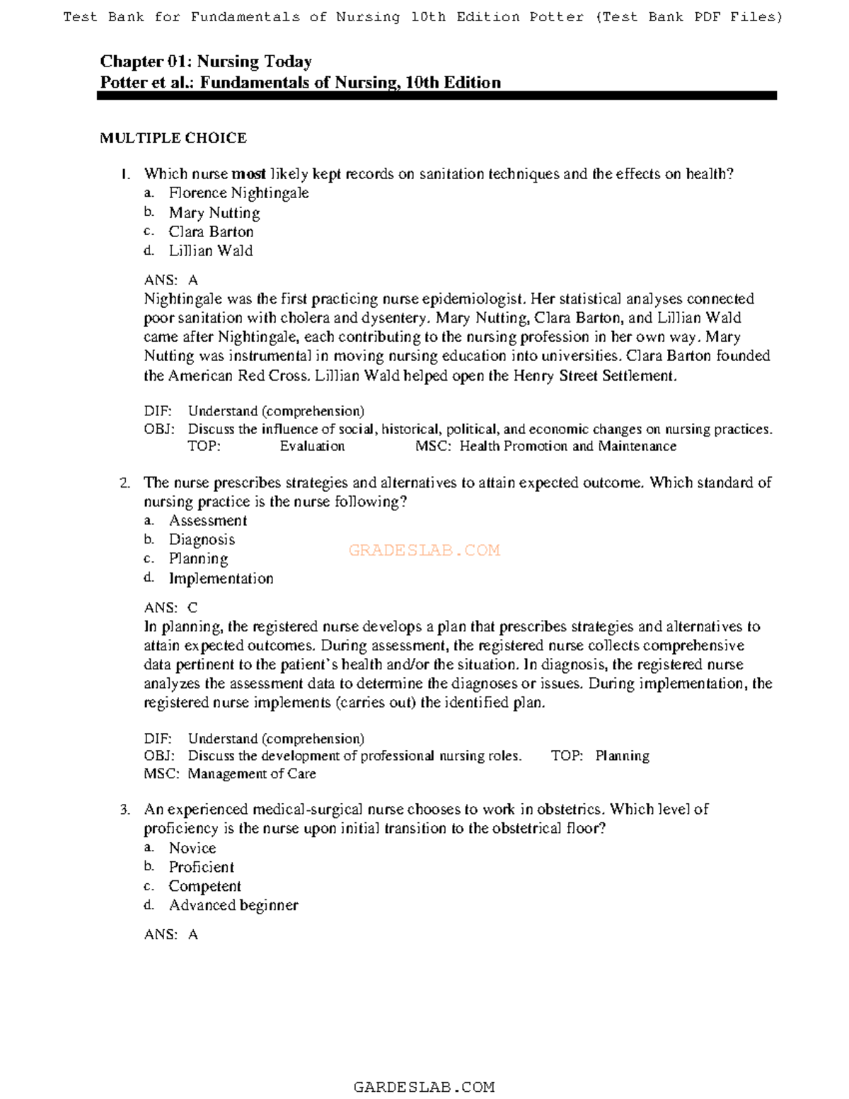 Fundamentals Ch 1 - GRADESLAB Chapter 01: Nursing Today Potter Et Al ...