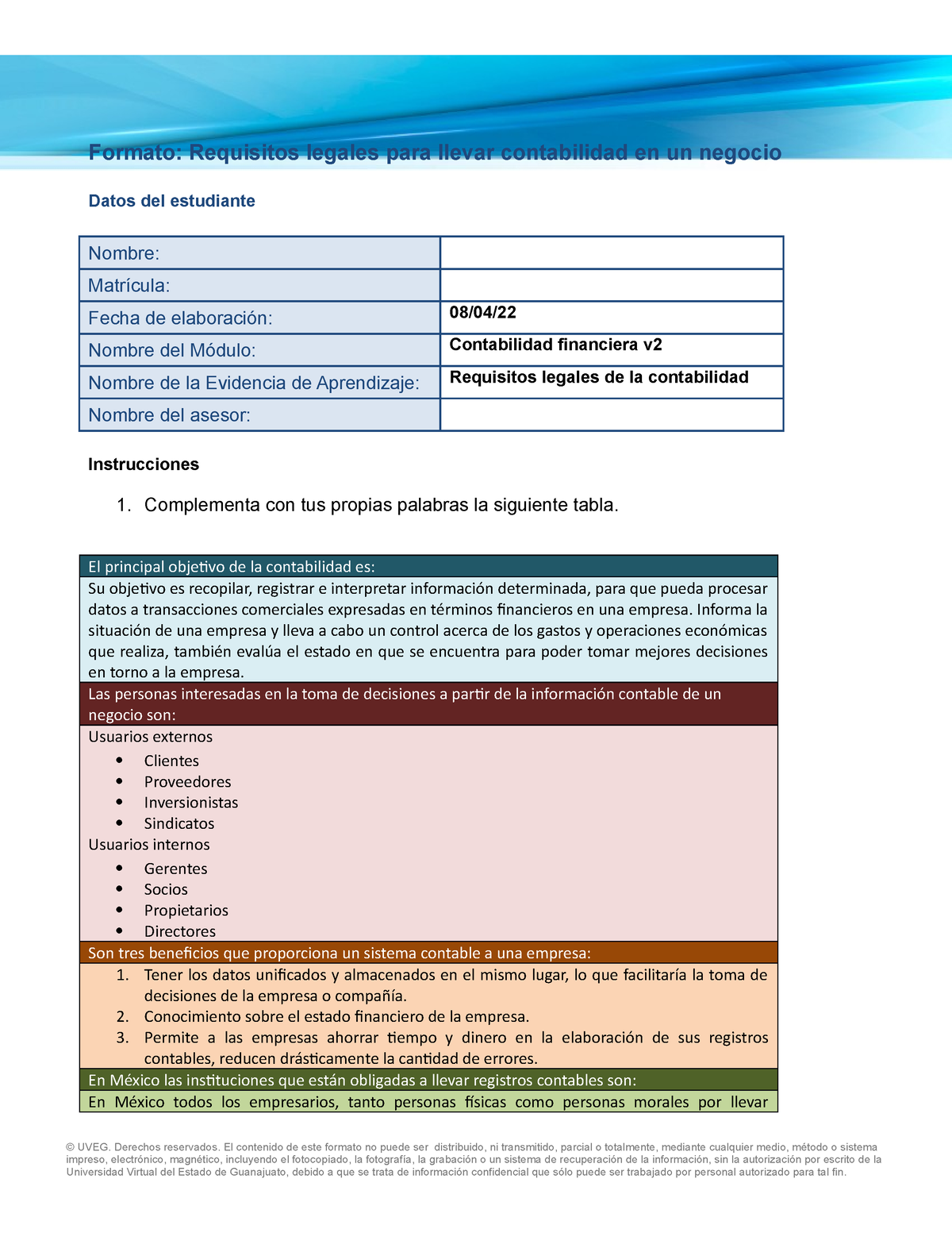 Uveg Requisitos - Tarea Sobre Contabilidad Financiera - Formato ...