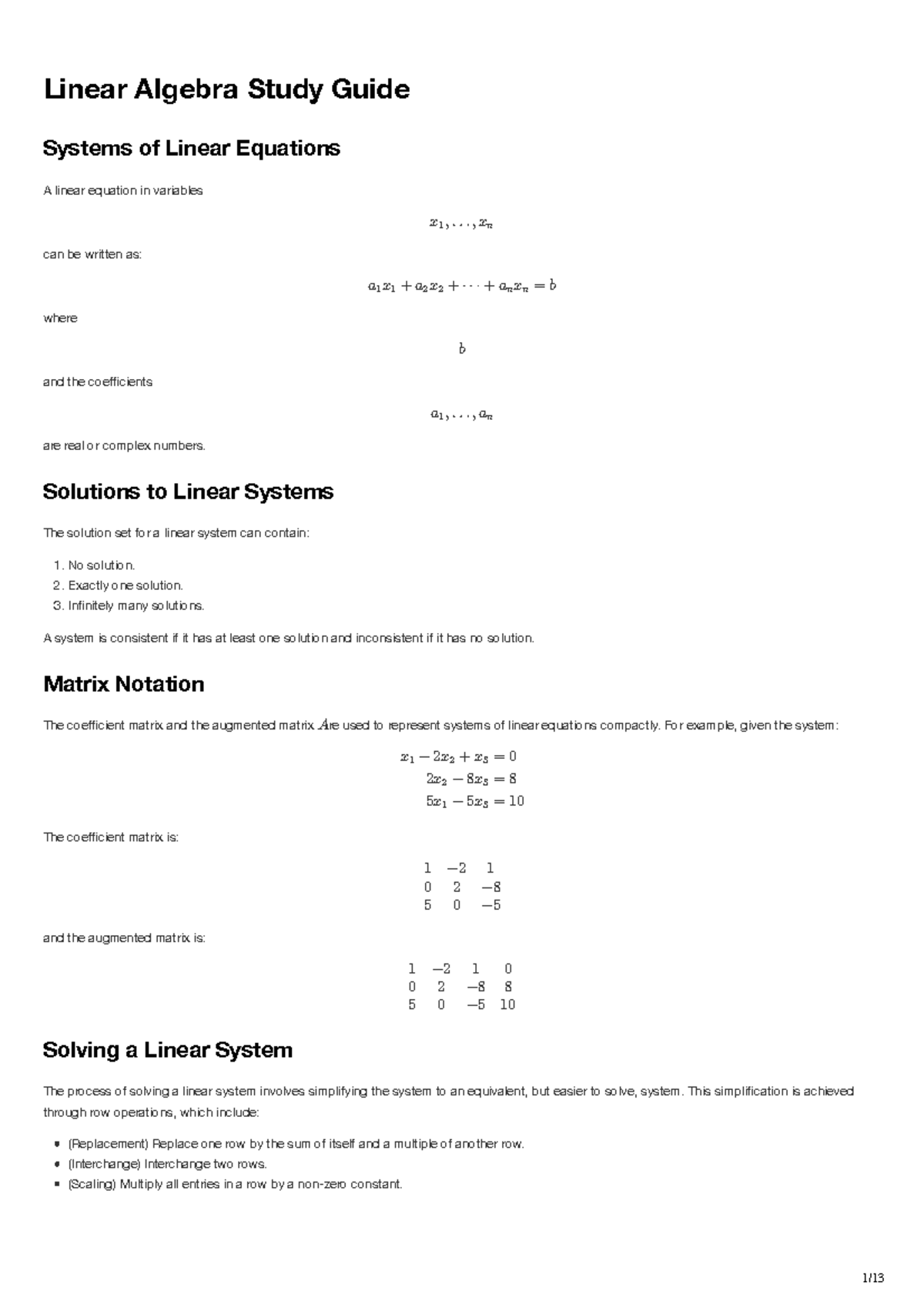 Summary Study Notes - Linear Algebra Study Guide Systems of Linear ...