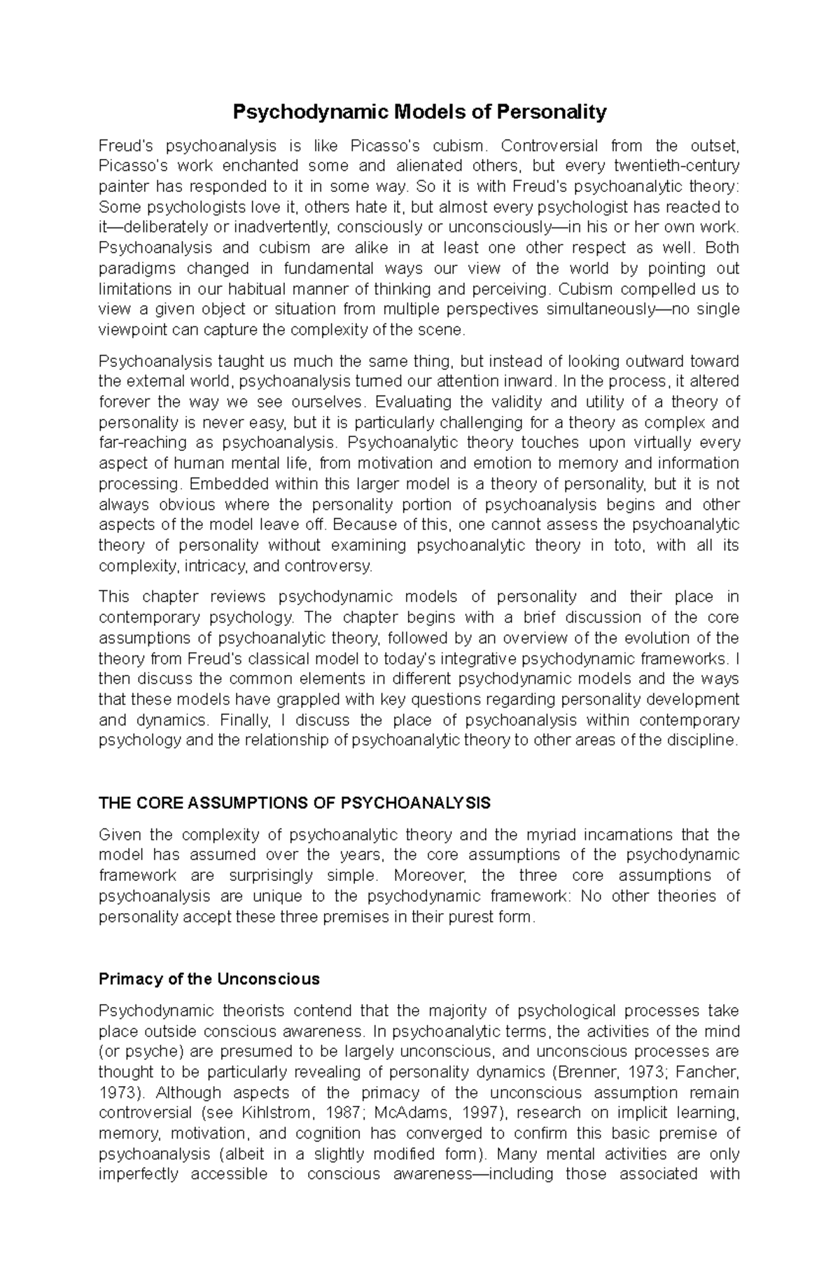 Psychodynamic Models of Personality - Psychodynamic Models of ...